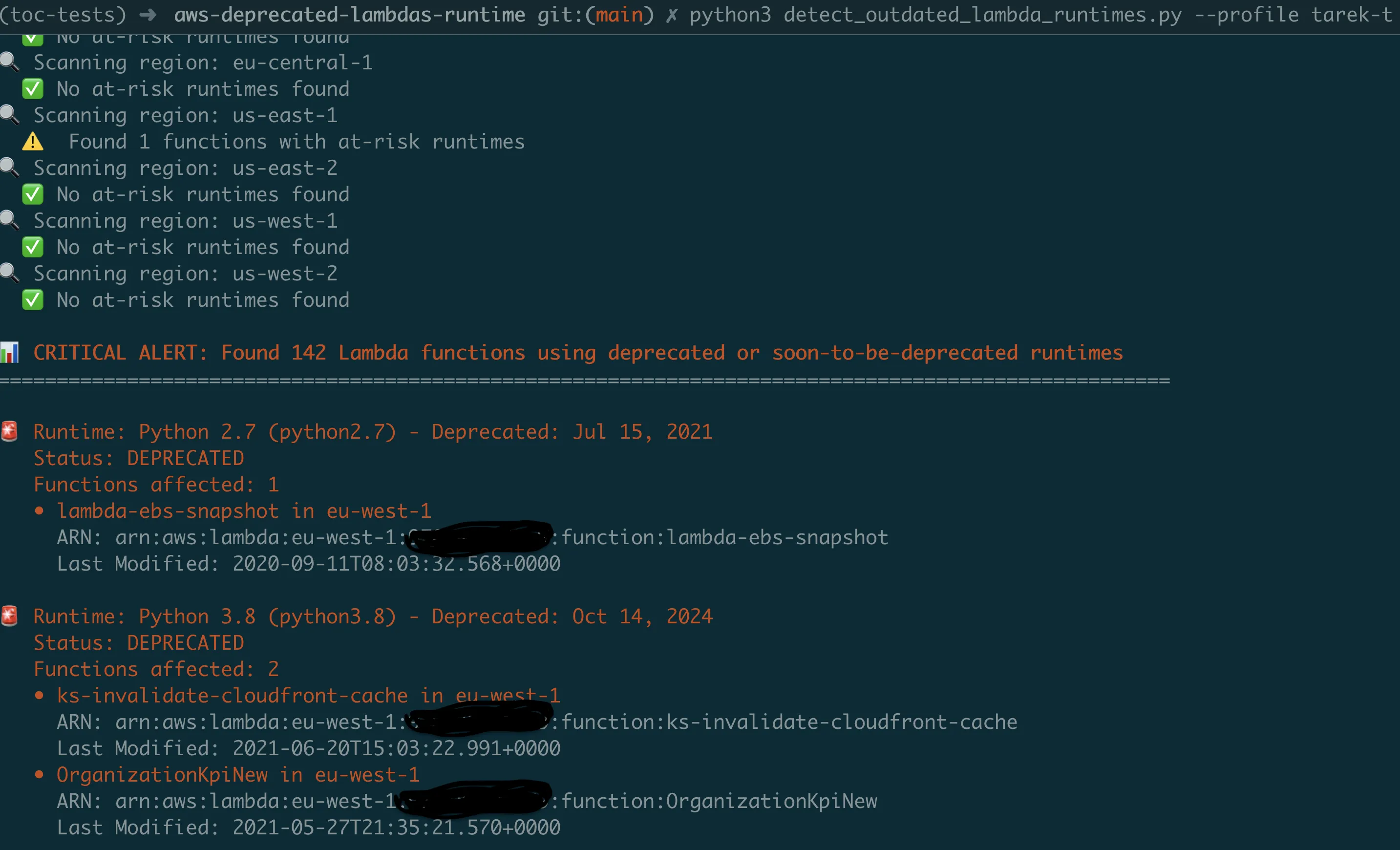 Architecture diagram showing the Lambda runtime scanner workflow across AWS regions