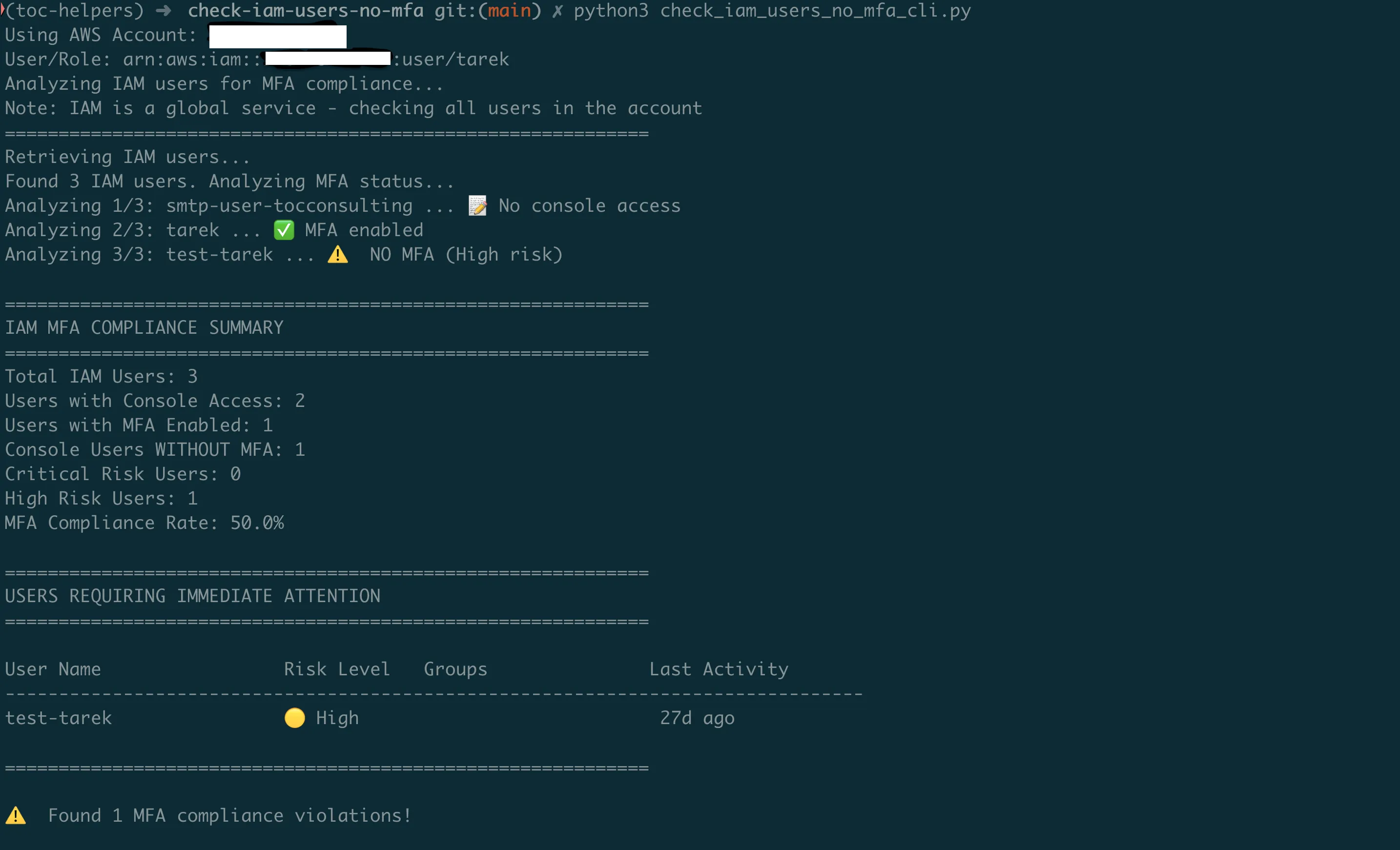 Architecture diagram showing how the MFA scanner identifies IAM users without multi-factor authentication