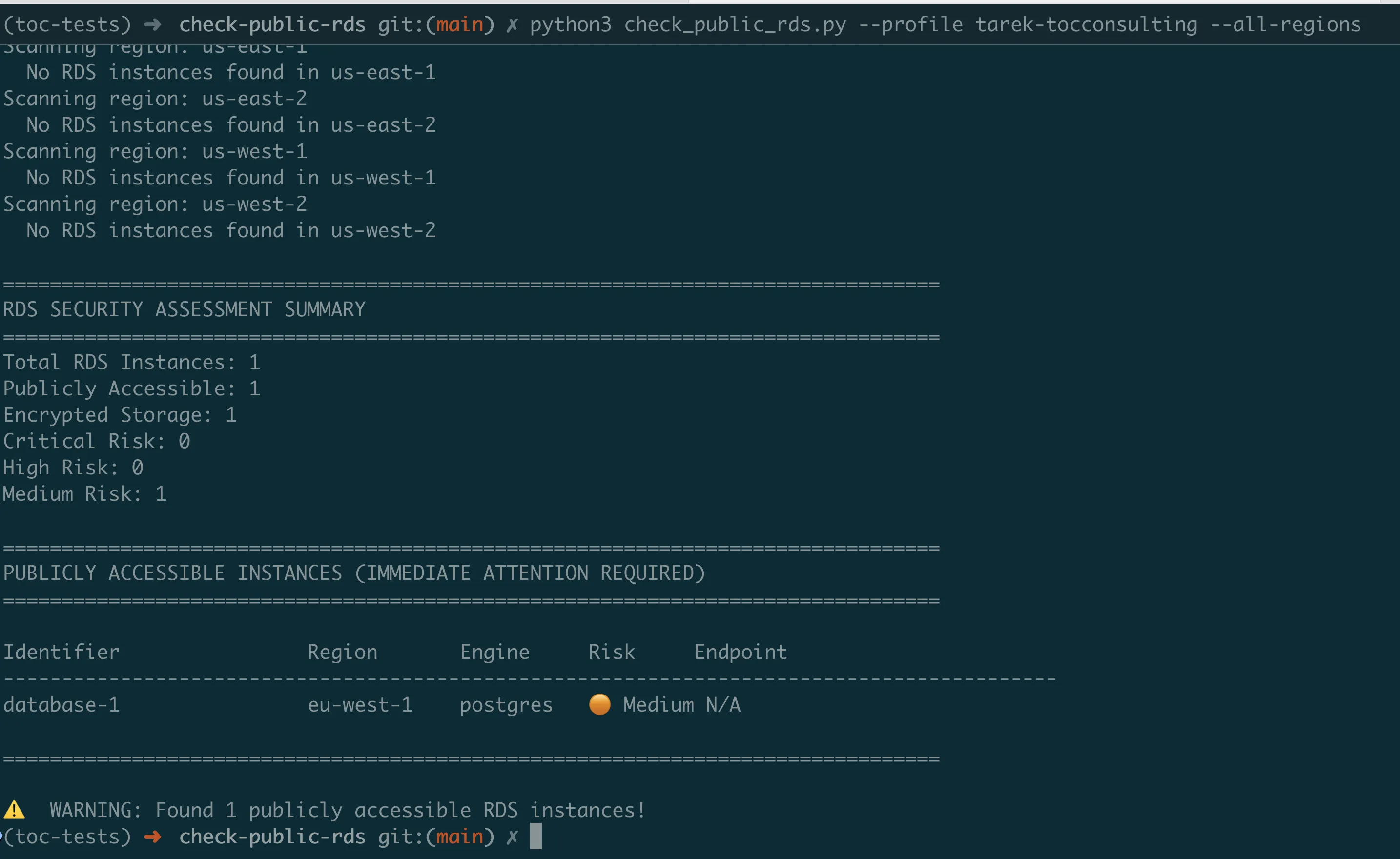 RDS detective CLI output showing publicly accessible database instances and security risks