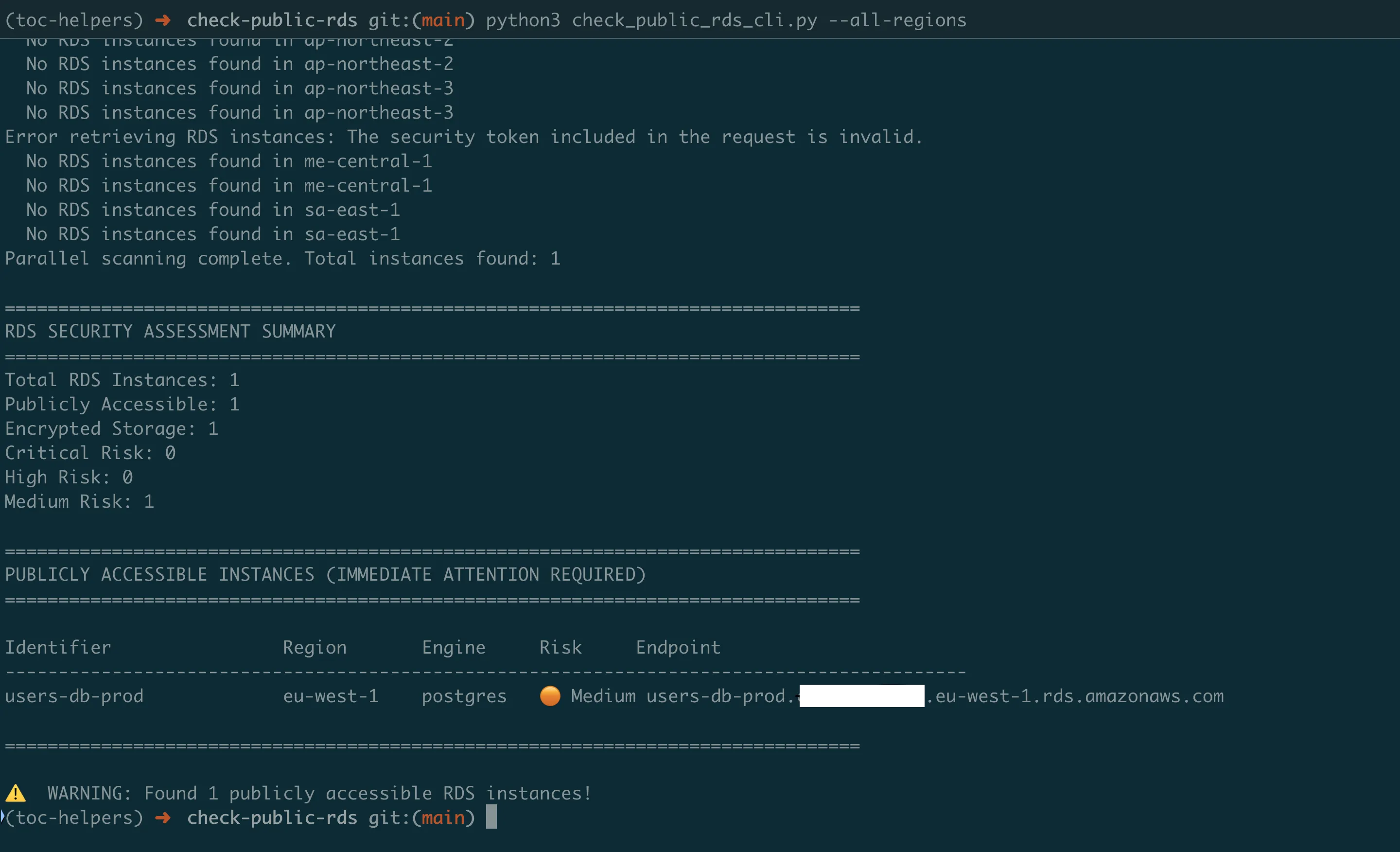 Architecture diagram showing multi-region RDS security scanning and risk classification workflow