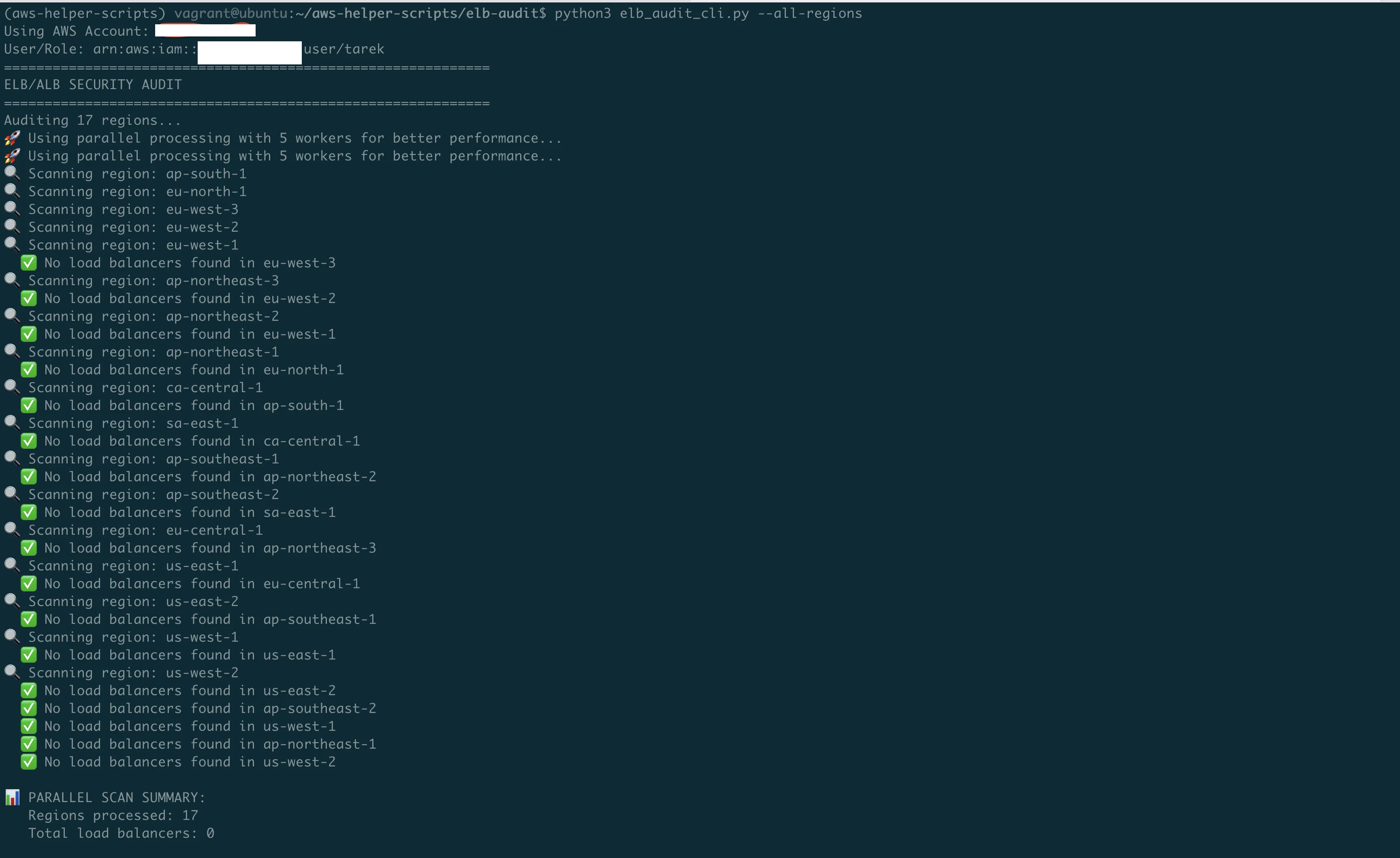 ELB audit tool terminal output showing Classic ELB security scan results