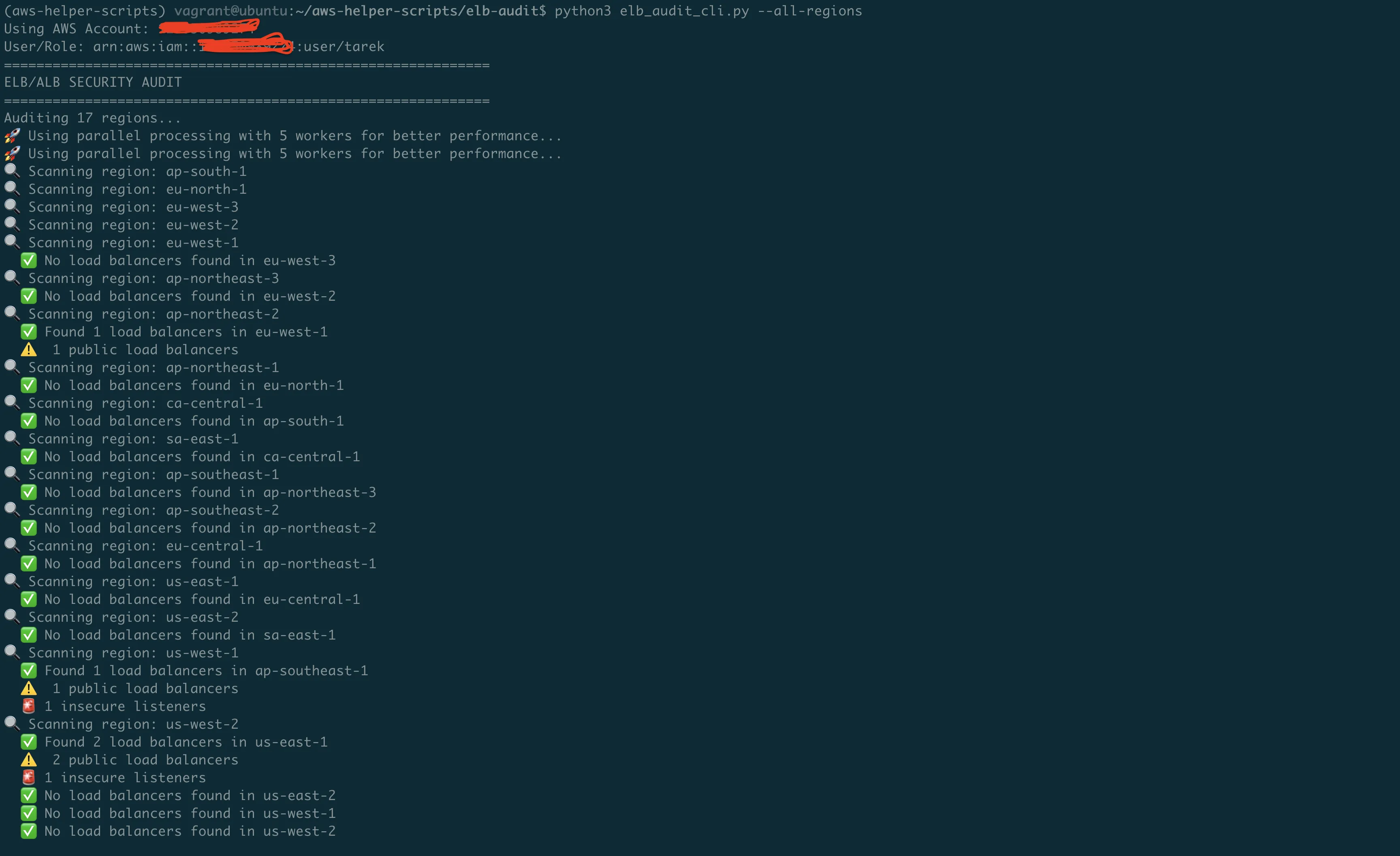 ELB audit tool terminal output showing ALB and NLB security scan results
