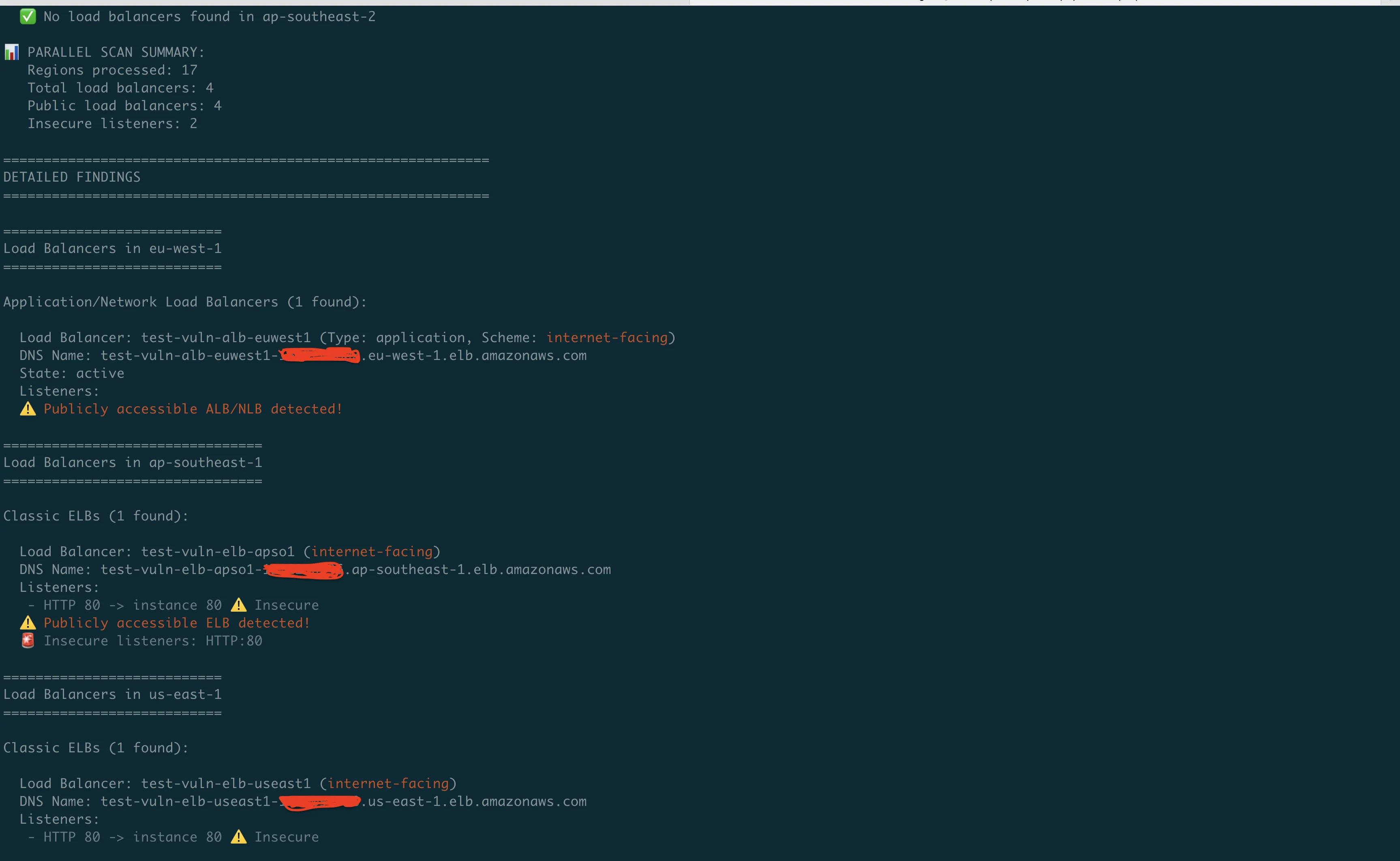 ELB audit tool terminal output showing target health and listener details