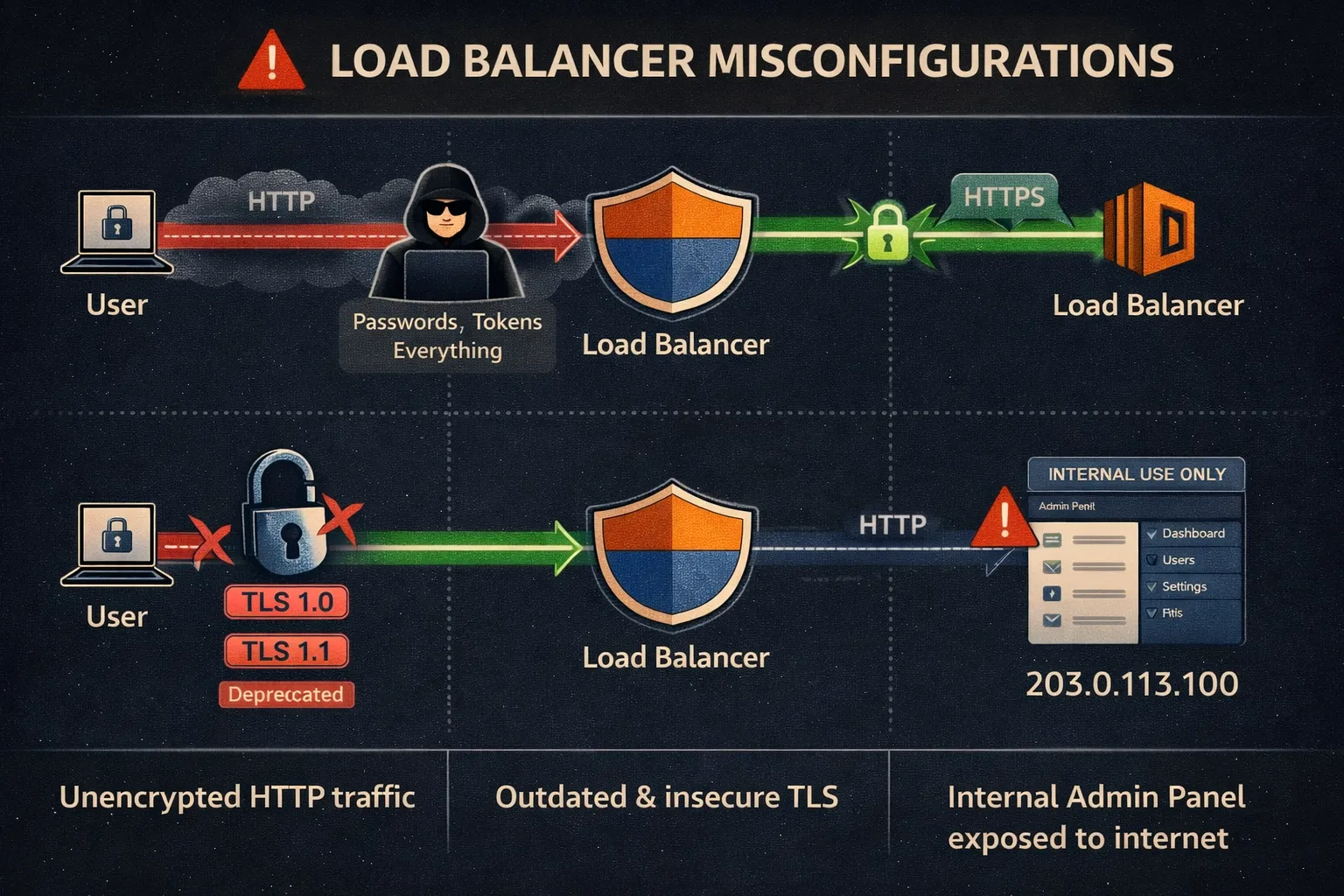 Common load balancer misconfiguration examples including HTTP listeners and exposed internal apps