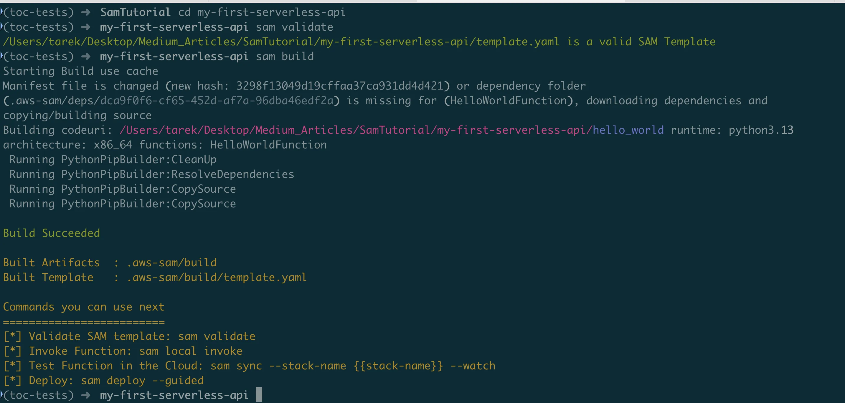 Terminal output of sam validate and sam build commands showing successful build