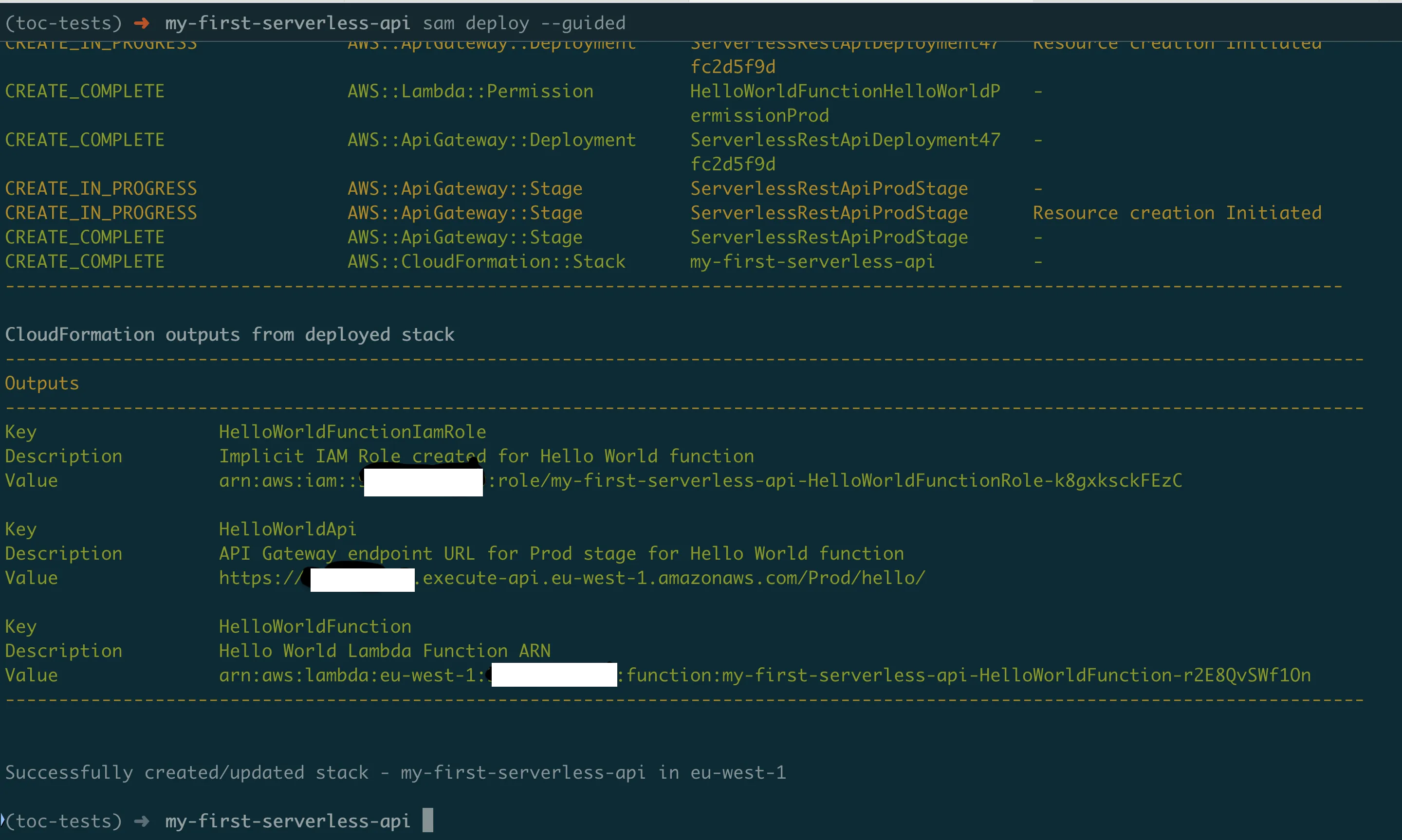 CloudFormation deployment output showing the API Gateway endpoint URL