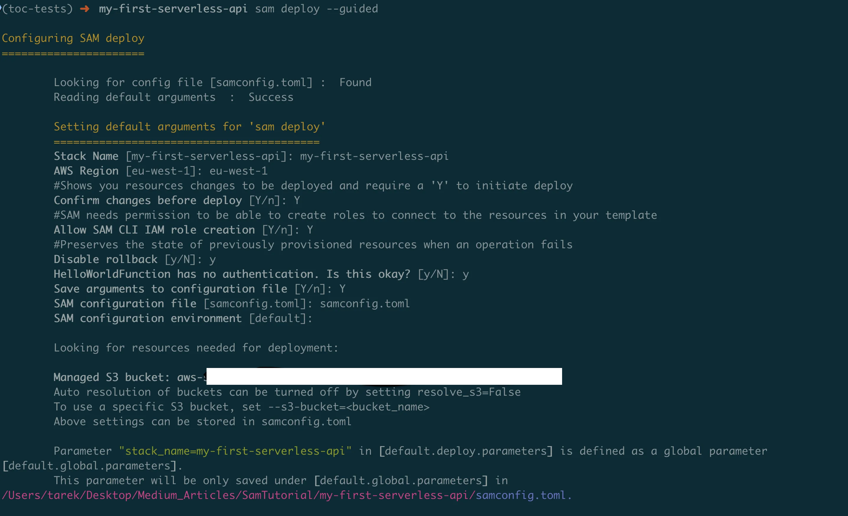 Terminal output of sam deploy --guided showing the interactive deployment configuration