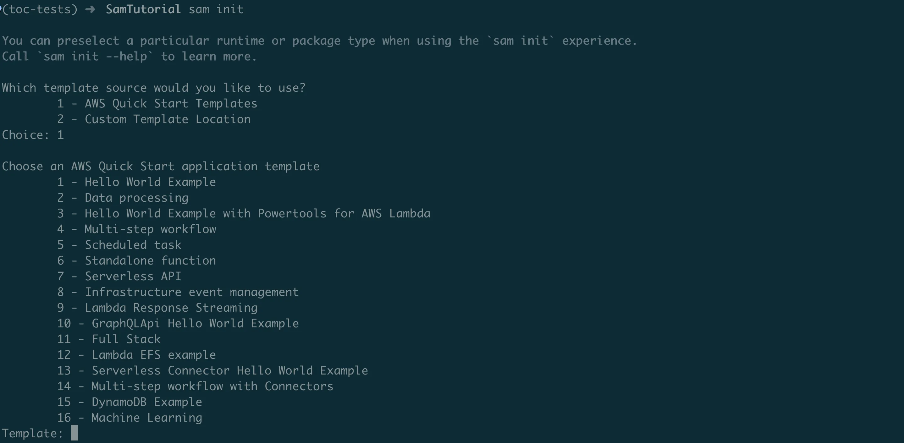 Terminal output of the sam init command