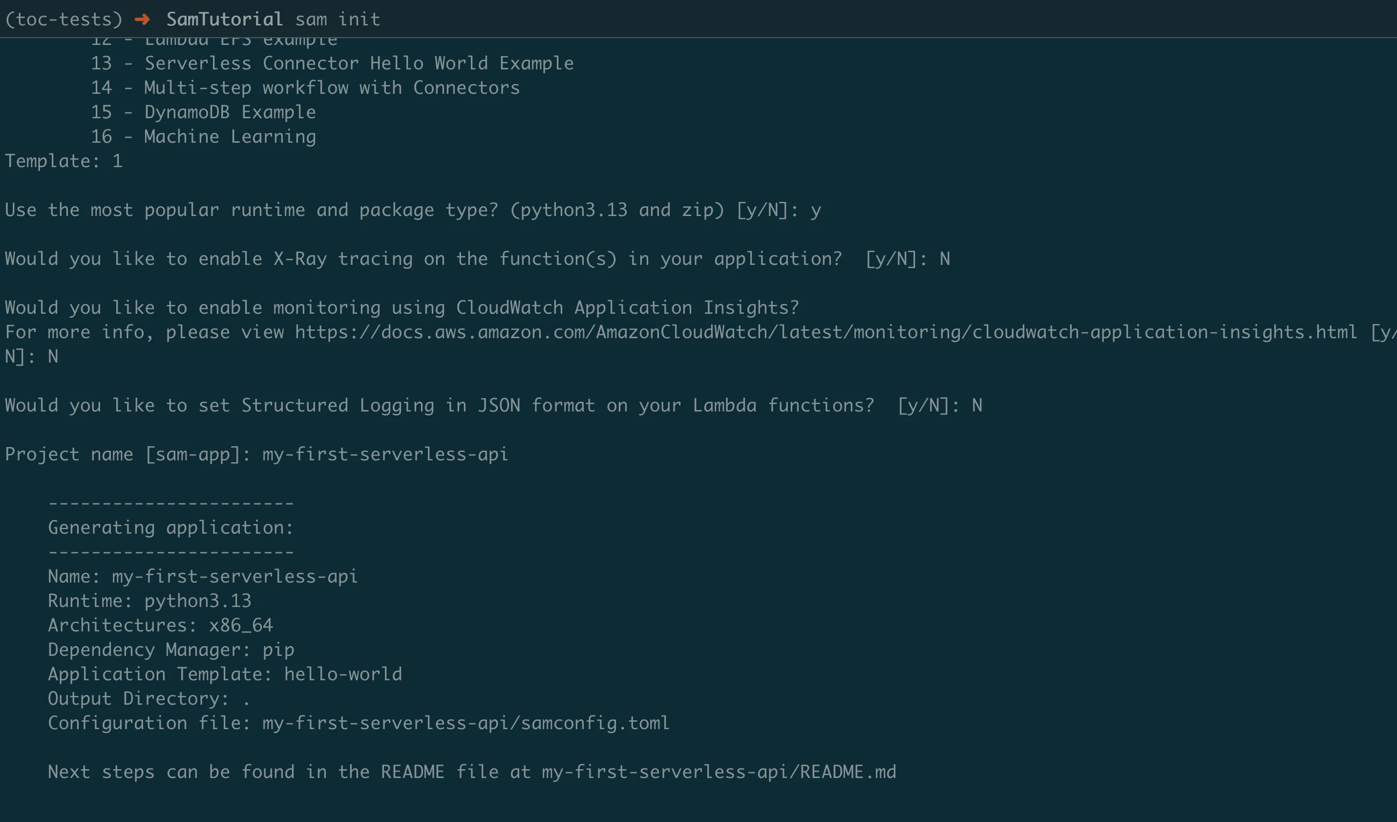 SAM init interactive configuration showing template source, runtime, and project name selections