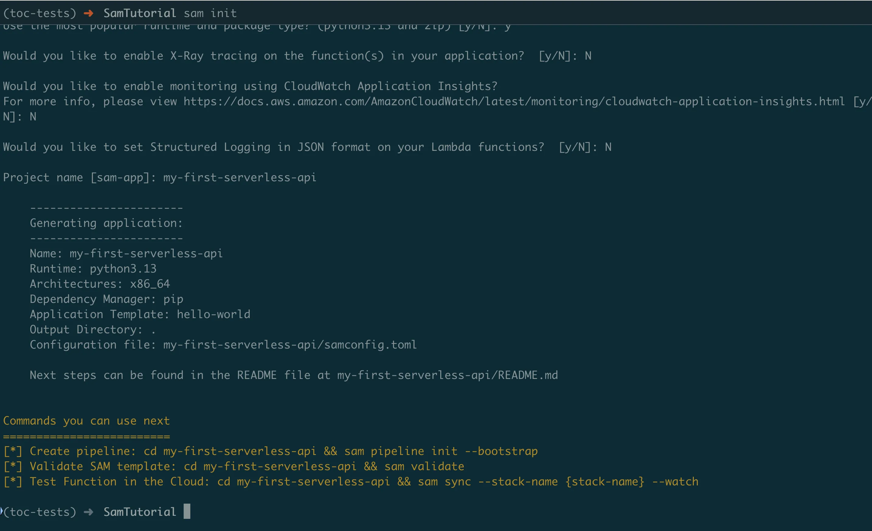 Terminal output after sam init showing the generated project files and directories