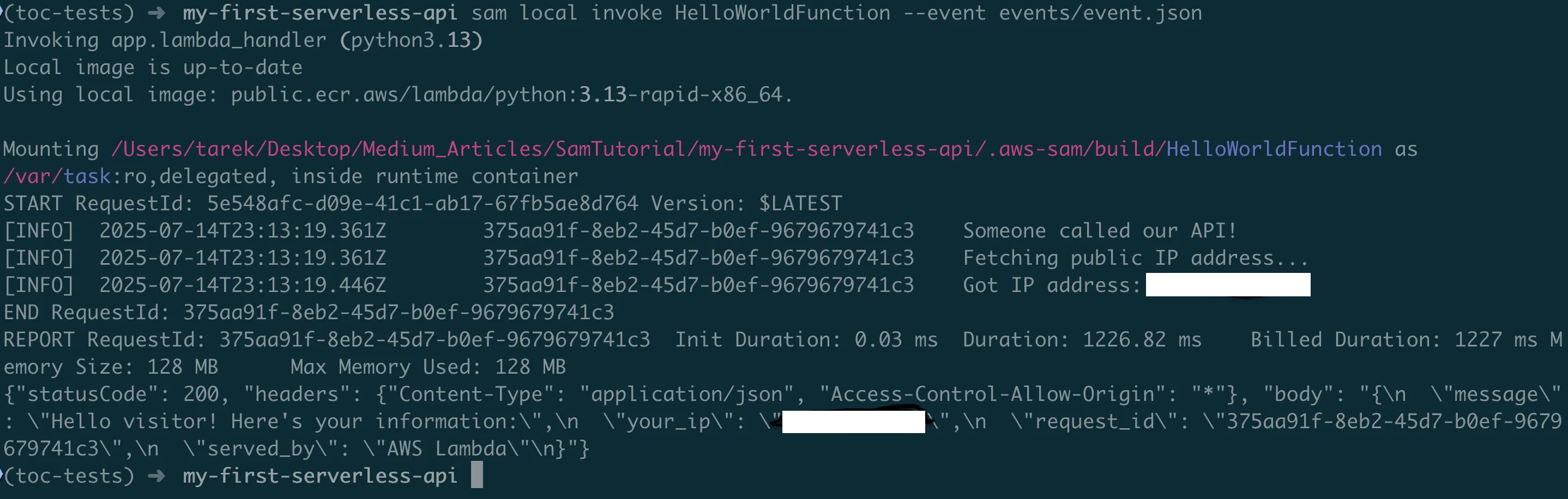 Terminal output of sam local invoke showing the Lambda function response with IP address