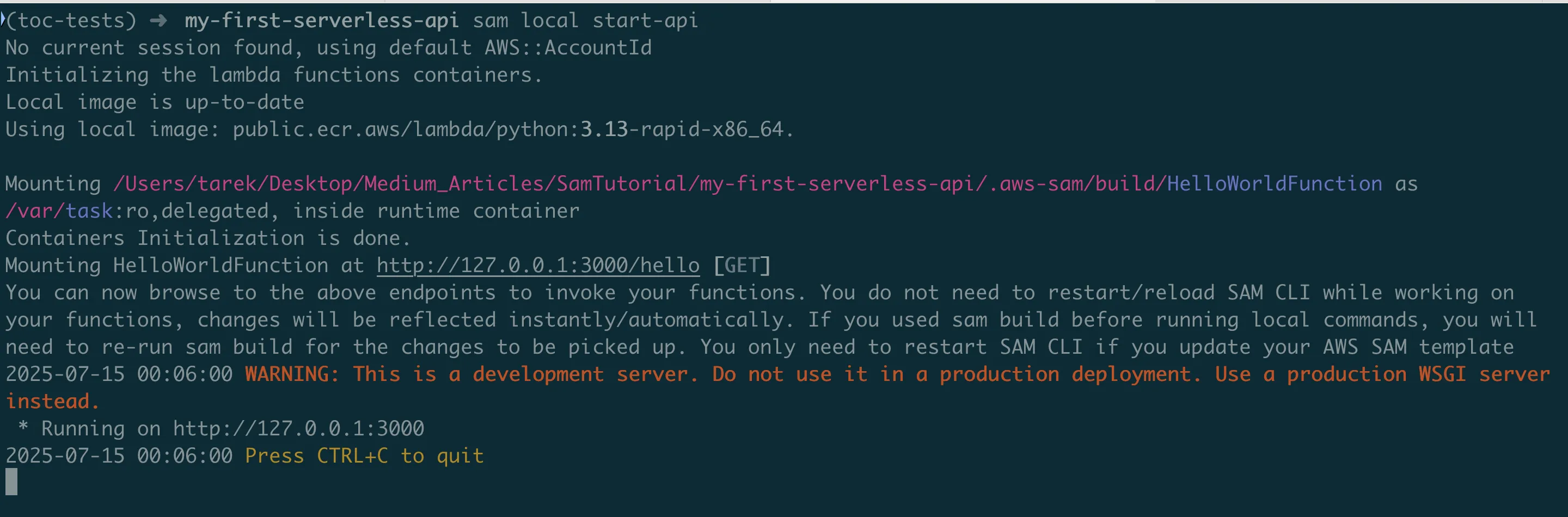 Terminal output of sam local start-api showing the local API endpoint at localhost:3000