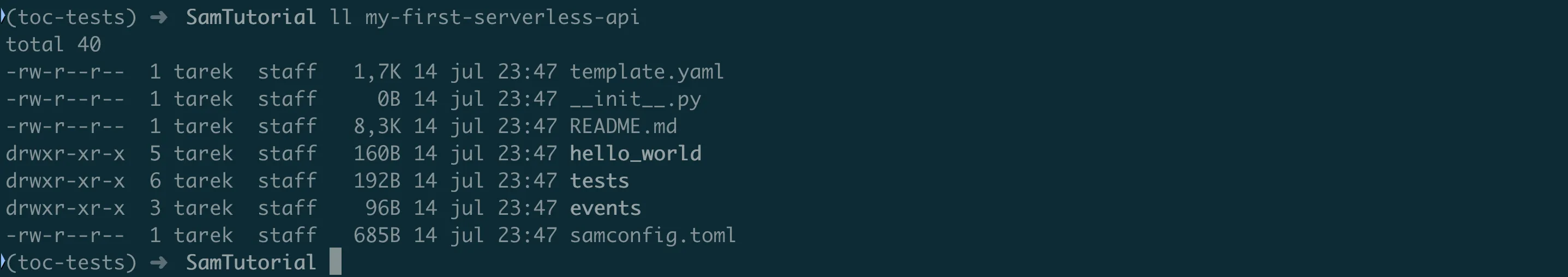 SAM project directory structure showing hello_world, events, tests folders and template.yaml