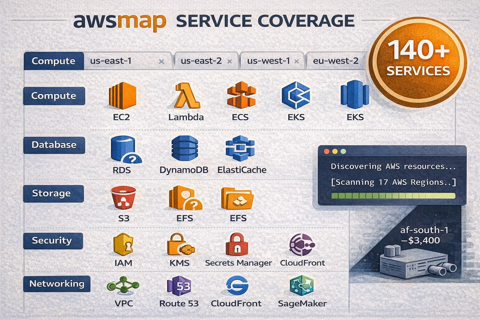 Overview of the 140+ AWS services that awsmap can scan