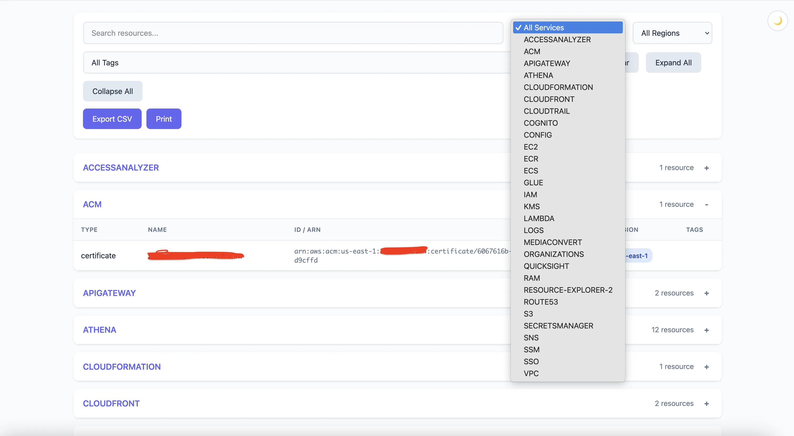 awsmap HTML report showing resource details with clickable ARNs