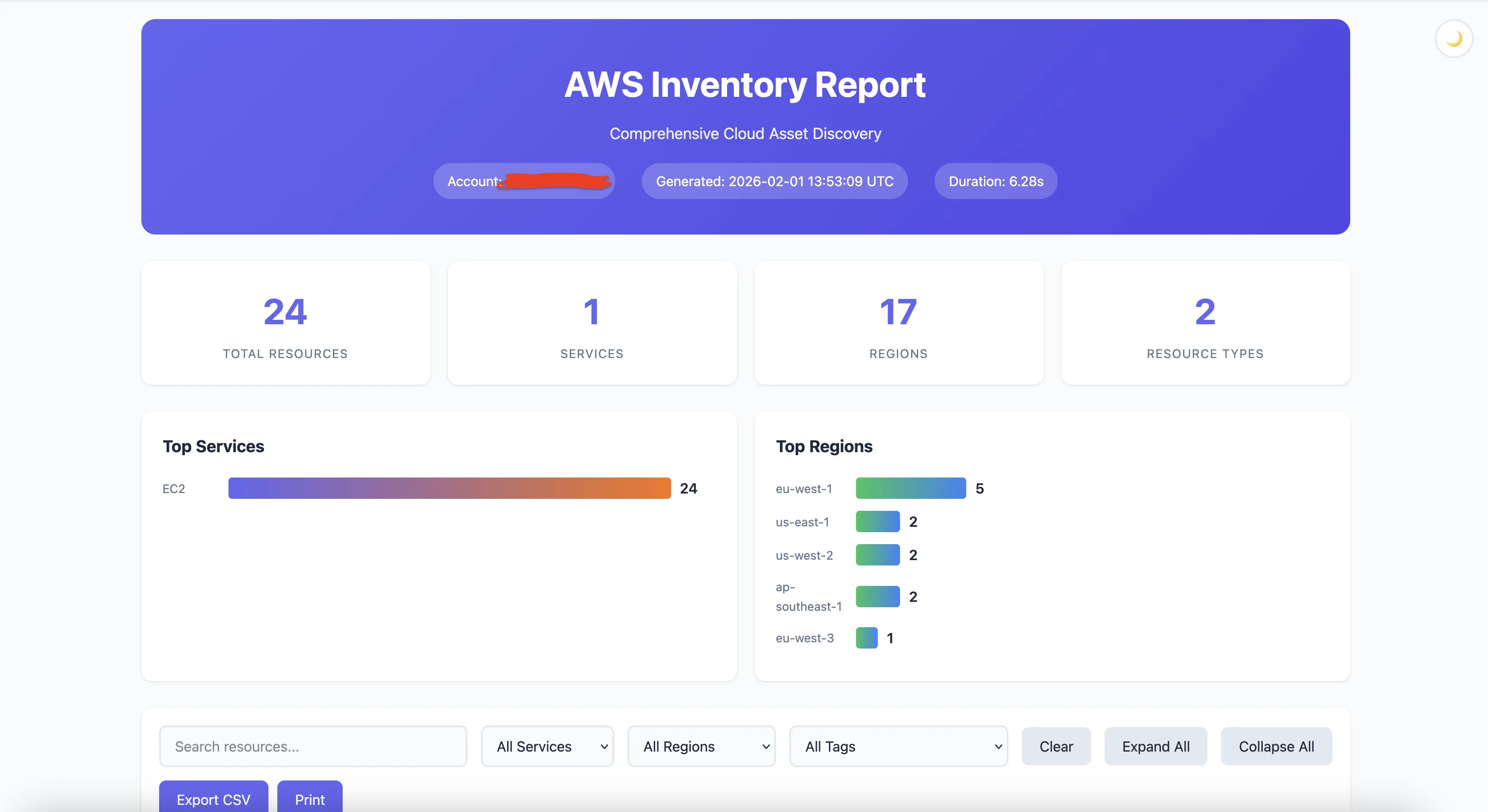 awsmap audit report showing EC2, RDS, and Lambda resources