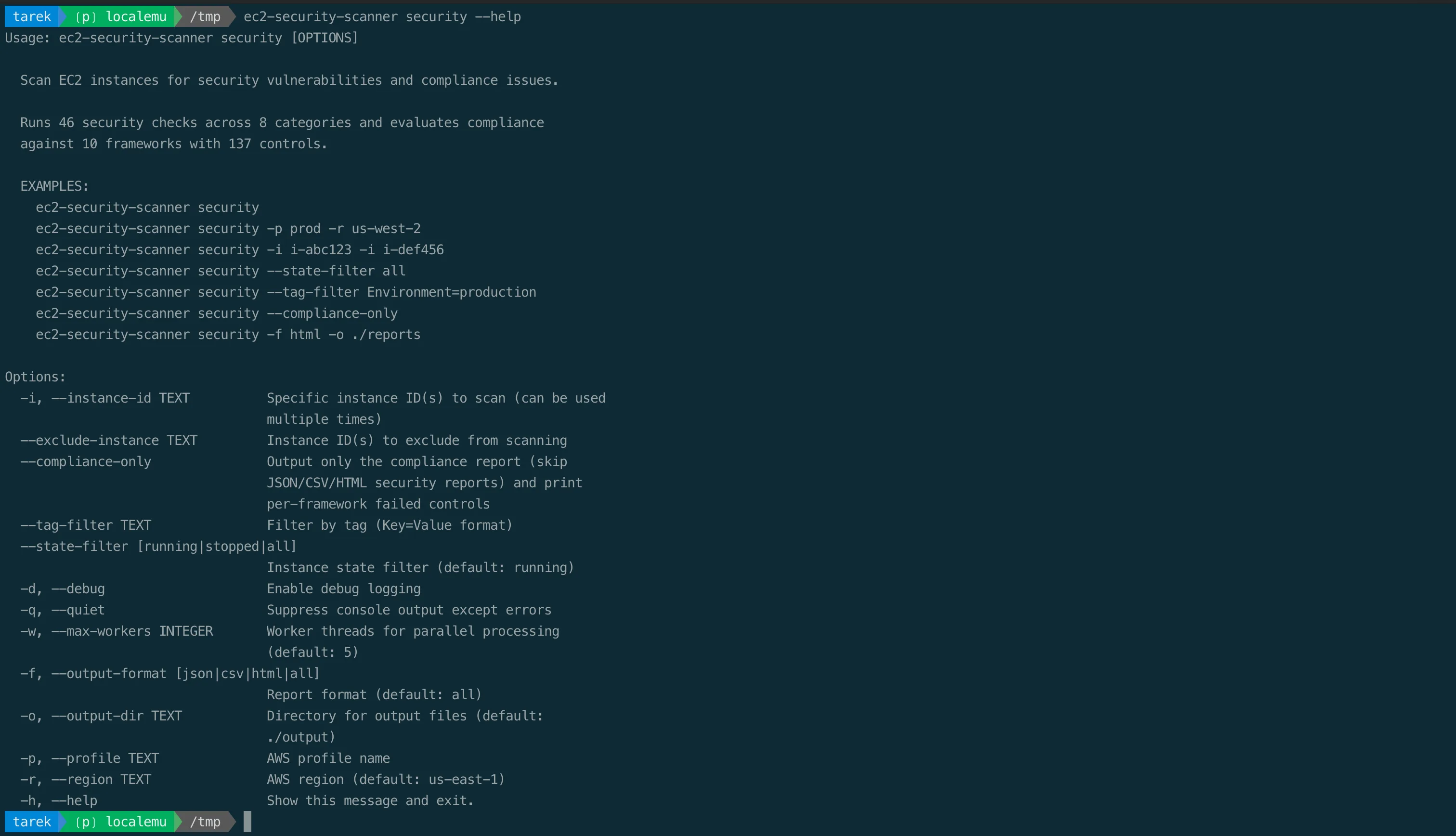 EC2 Security Scanner command-line help output