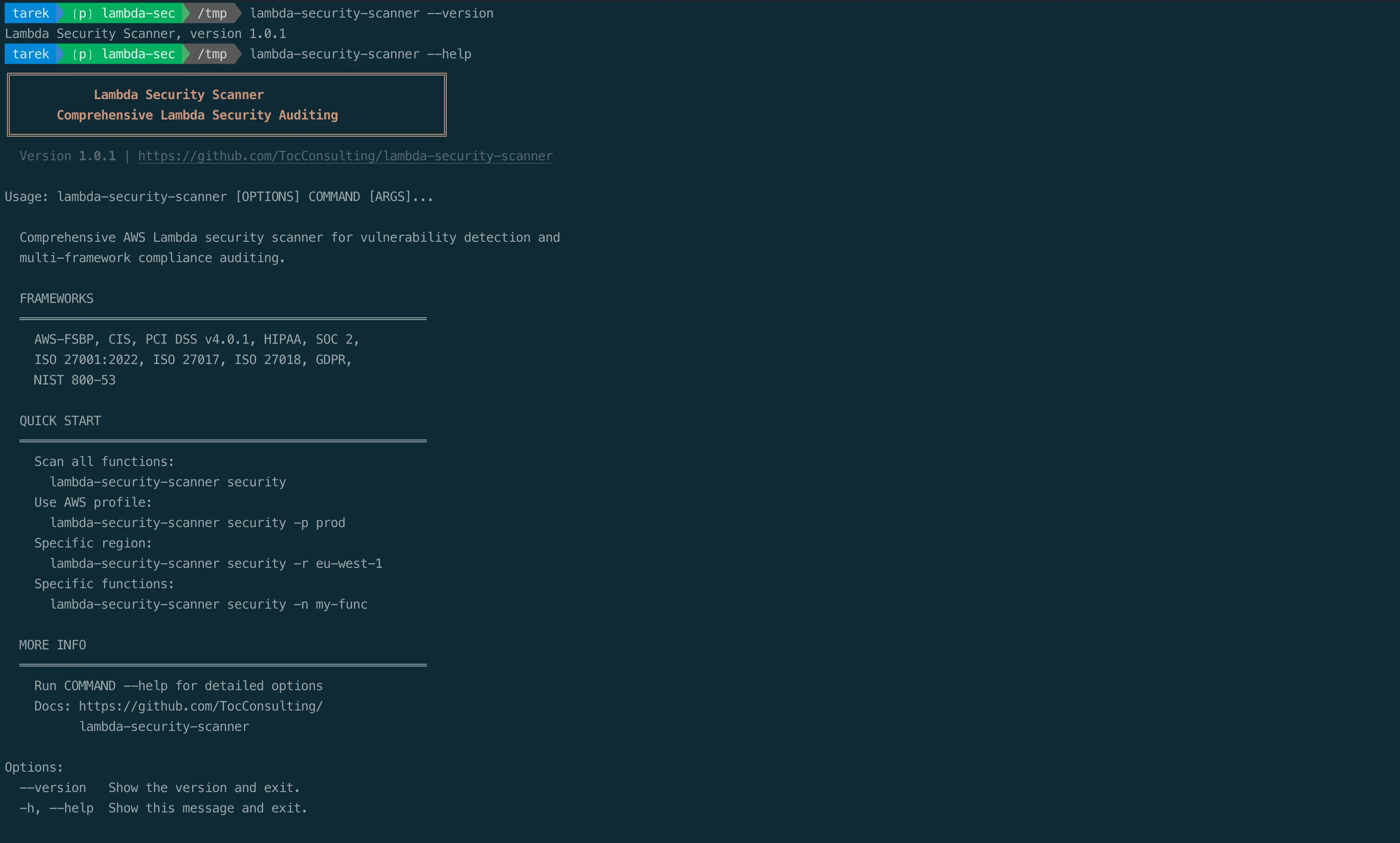 lambda-security-scanner command-line help and version output
