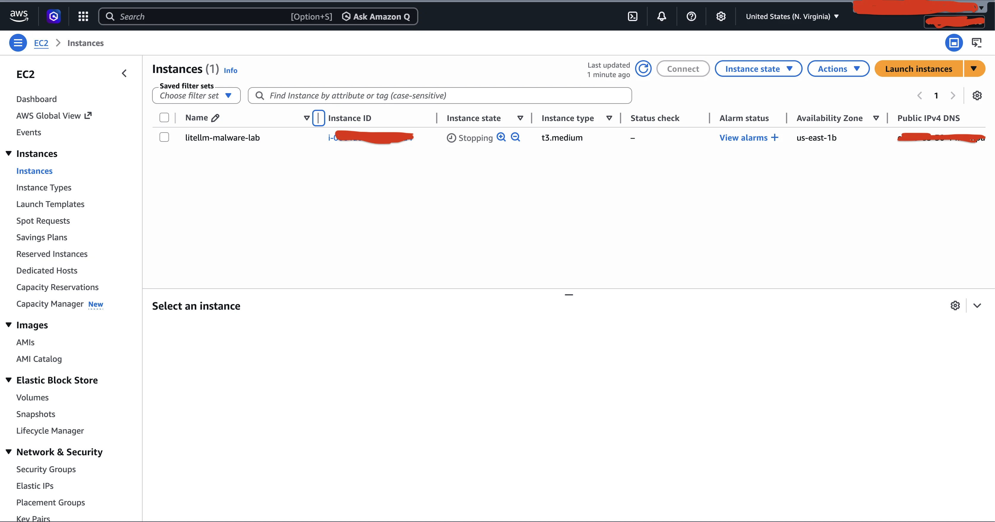 AWS Console showing the instance in Stopping state after the fork bomb