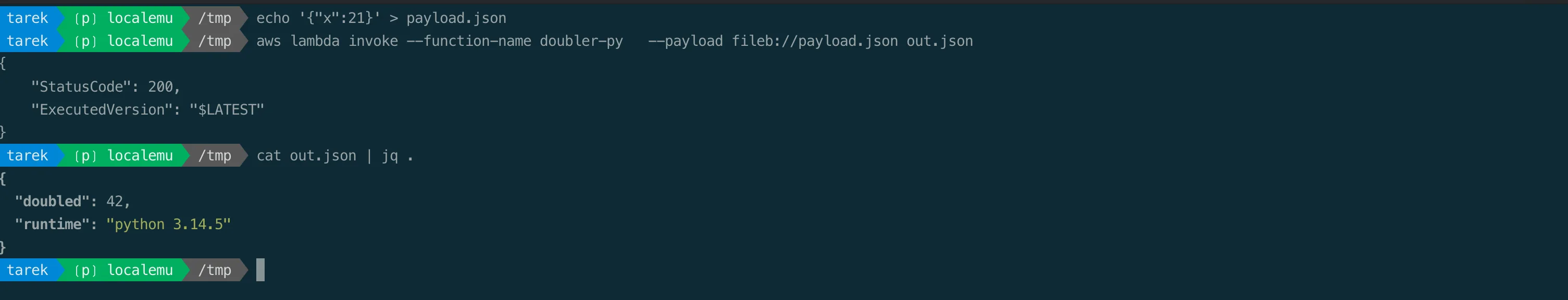 Invoking a Python Lambda function on LocalEmu and reading the result