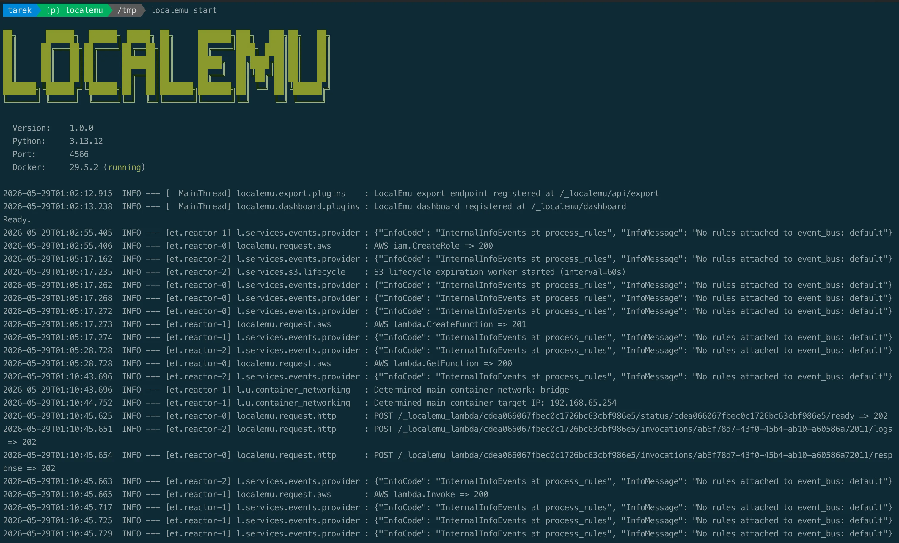 Starting LocalEmu, ready to run Lambda functions locally