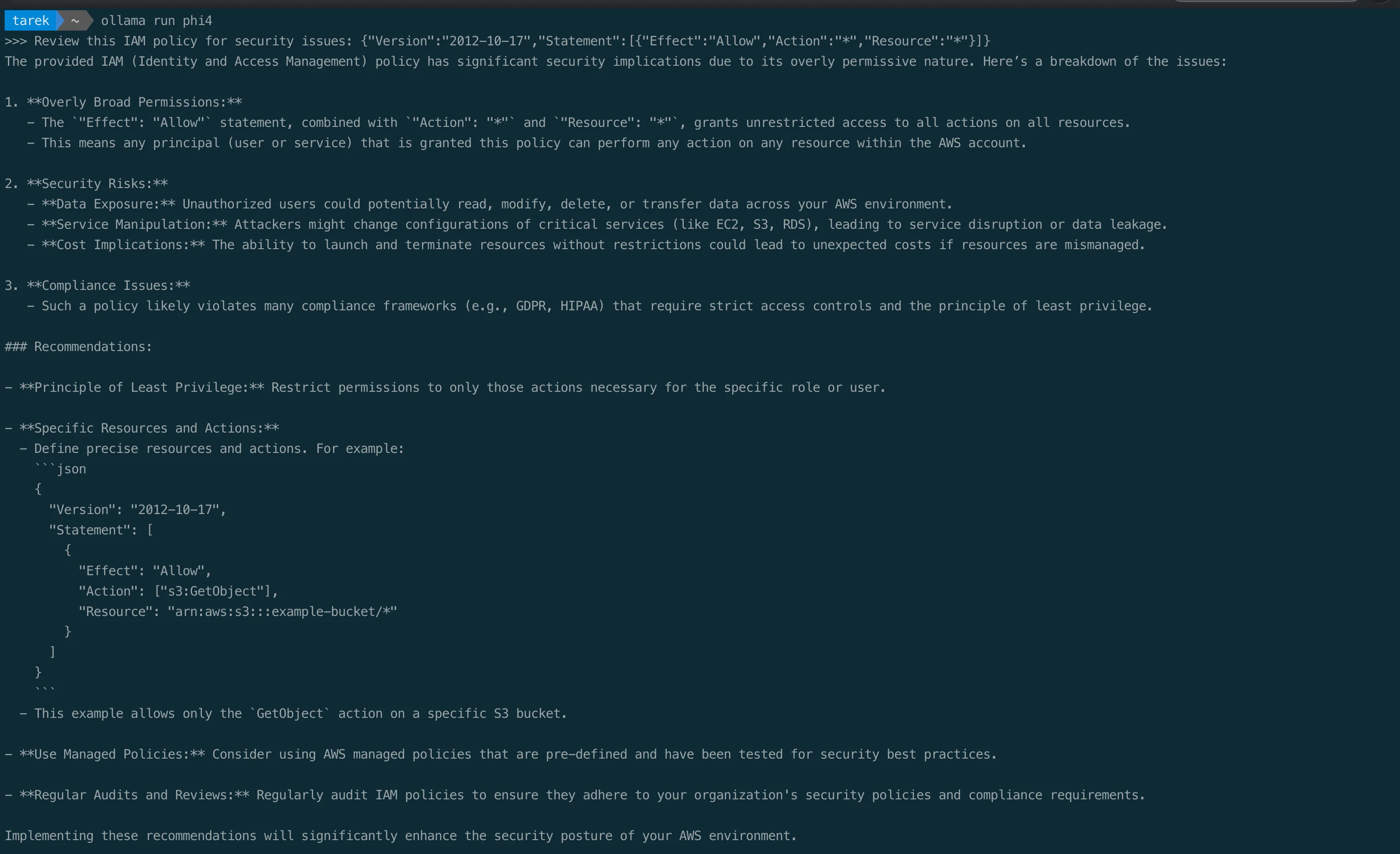 Ollama analyzing an overly permissive IAM policy with Action * Resource *