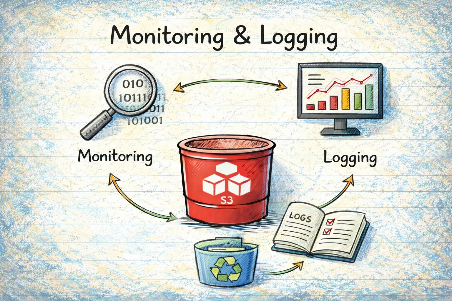 S3 monitoring and logging checks for server access logs, event notifications, and replication