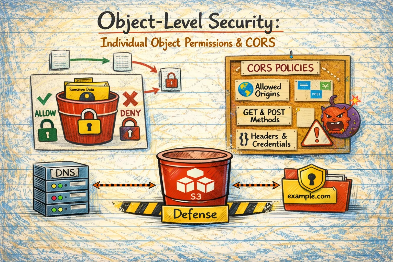 S3 object-level security checks for CORS, ACLs, and public object detection