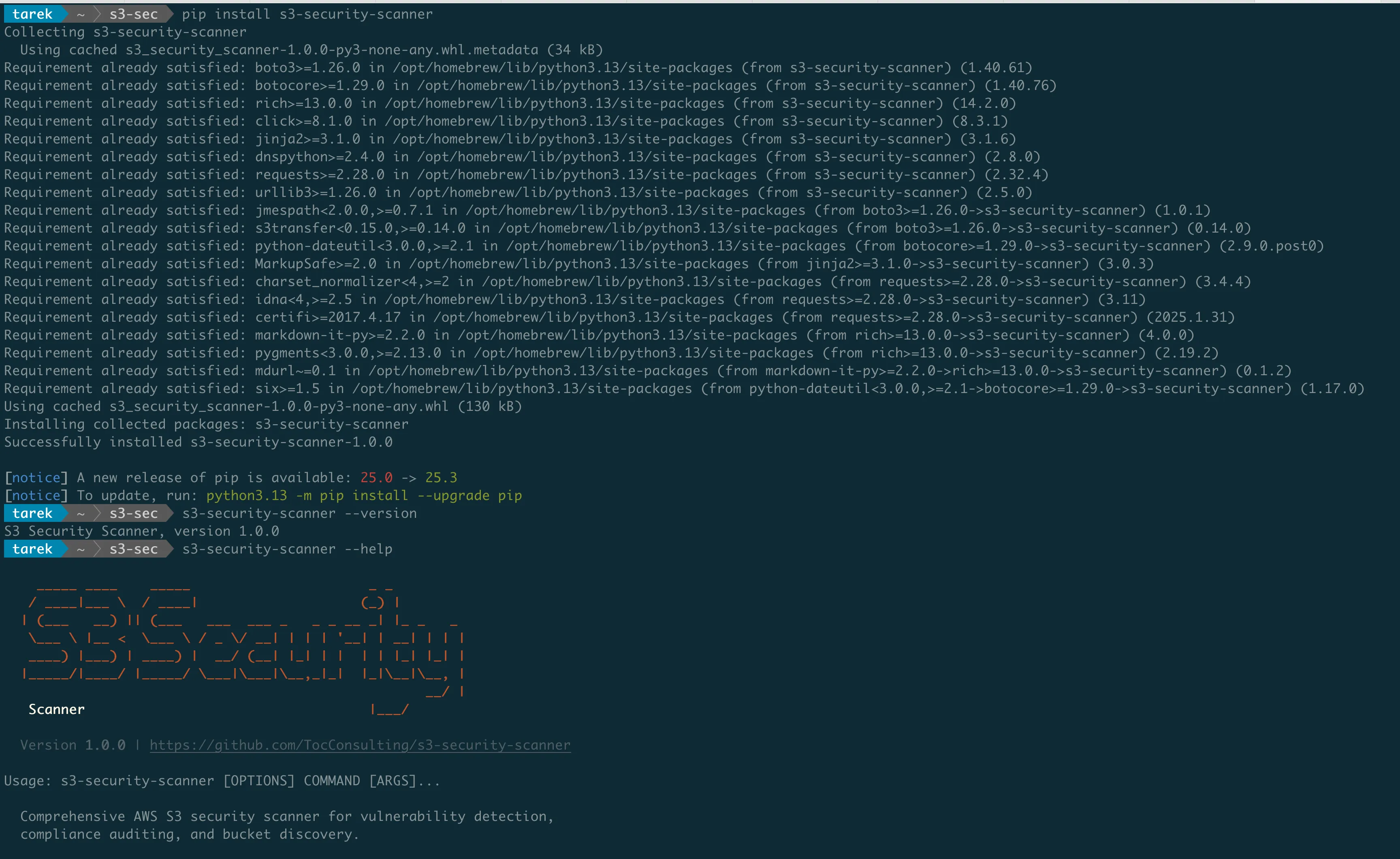 Installing the S3 Security Scanner from PyPI with pip