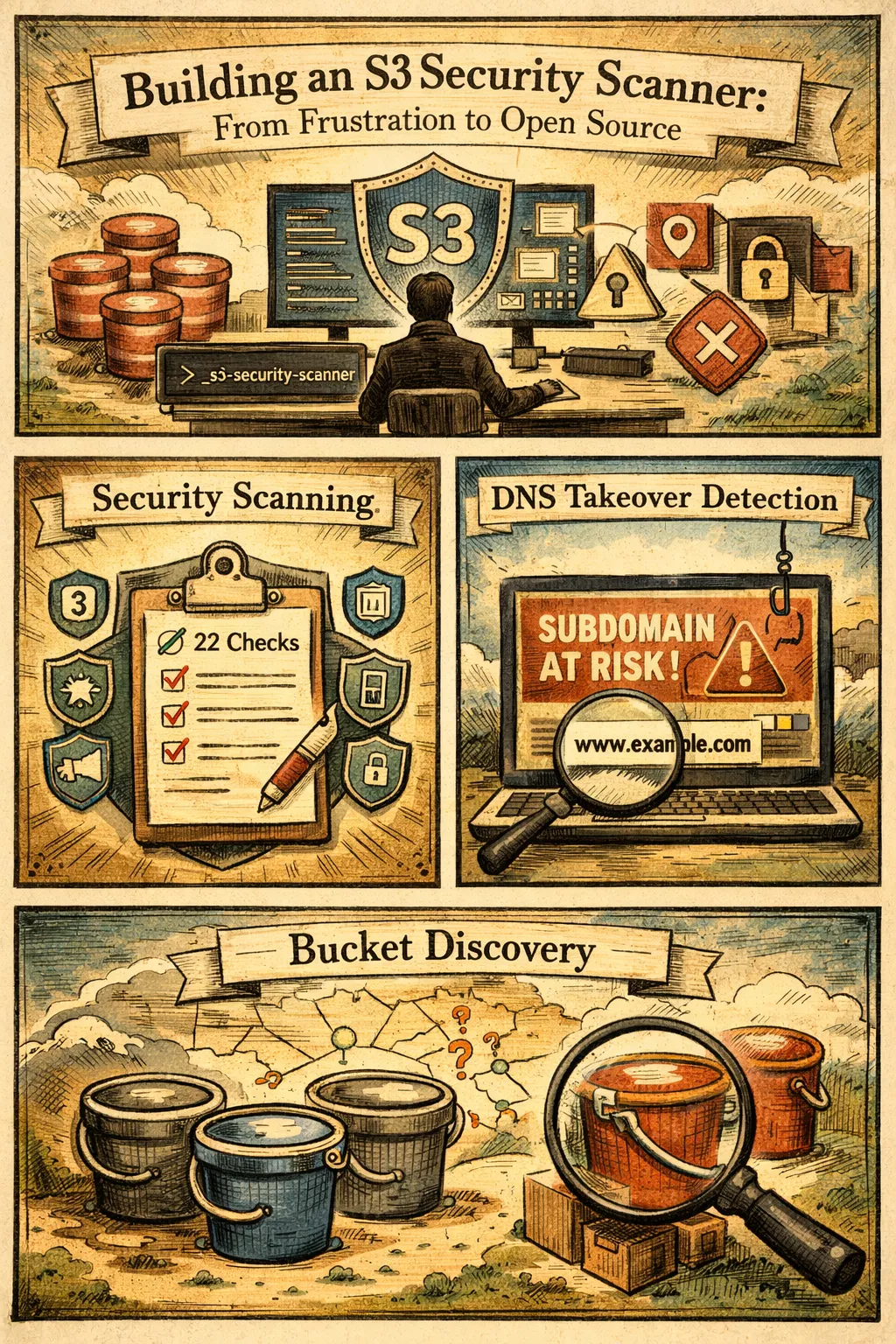 S3 Security Scanner performing 22 security checks across compliance frameworks