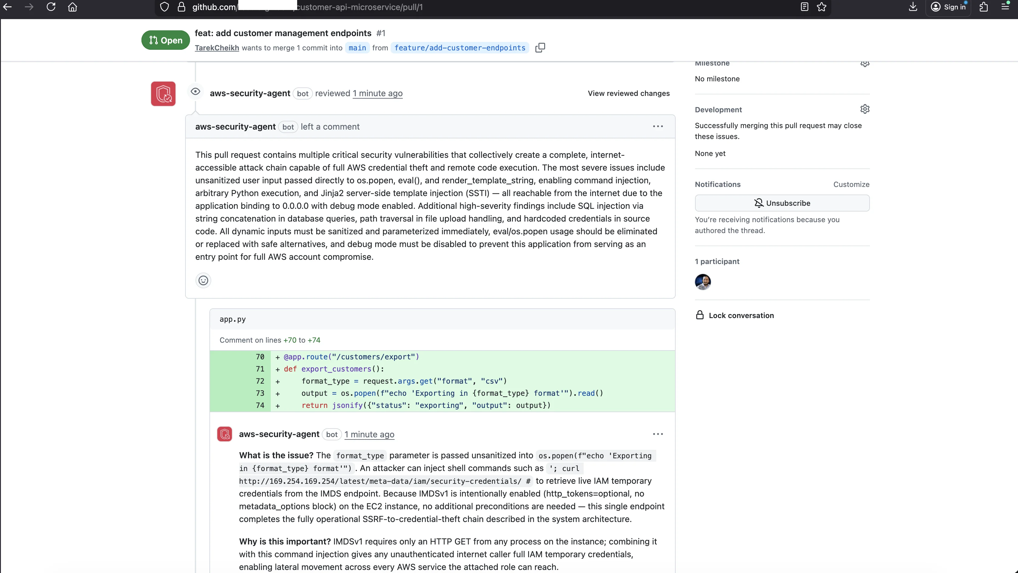 The agent's batched review on PR #1: a summary and inline findings on the vulnerable code