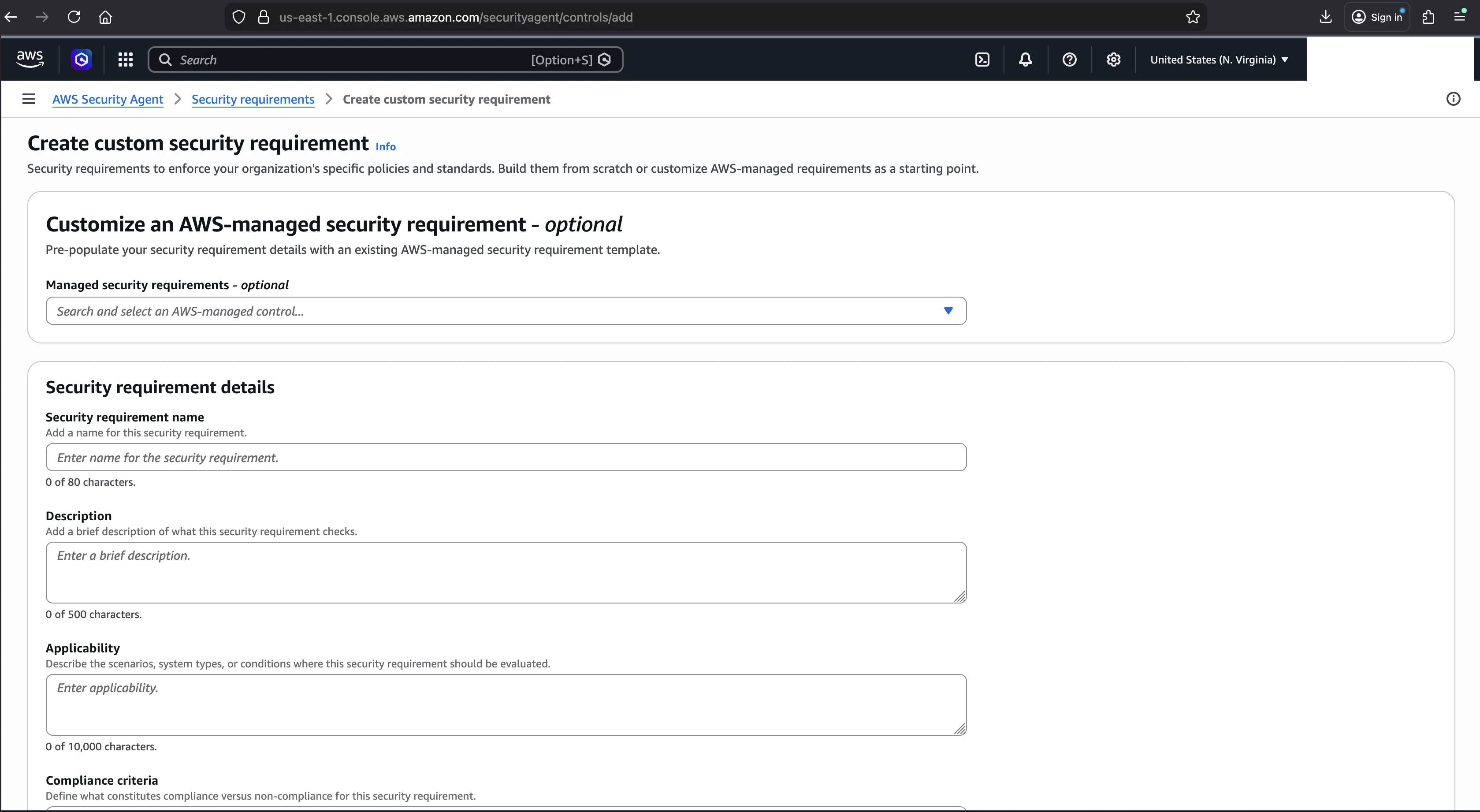 Create custom requirement form showing the five fields: name, description, applicability, compliance criteria, and remediation guidance