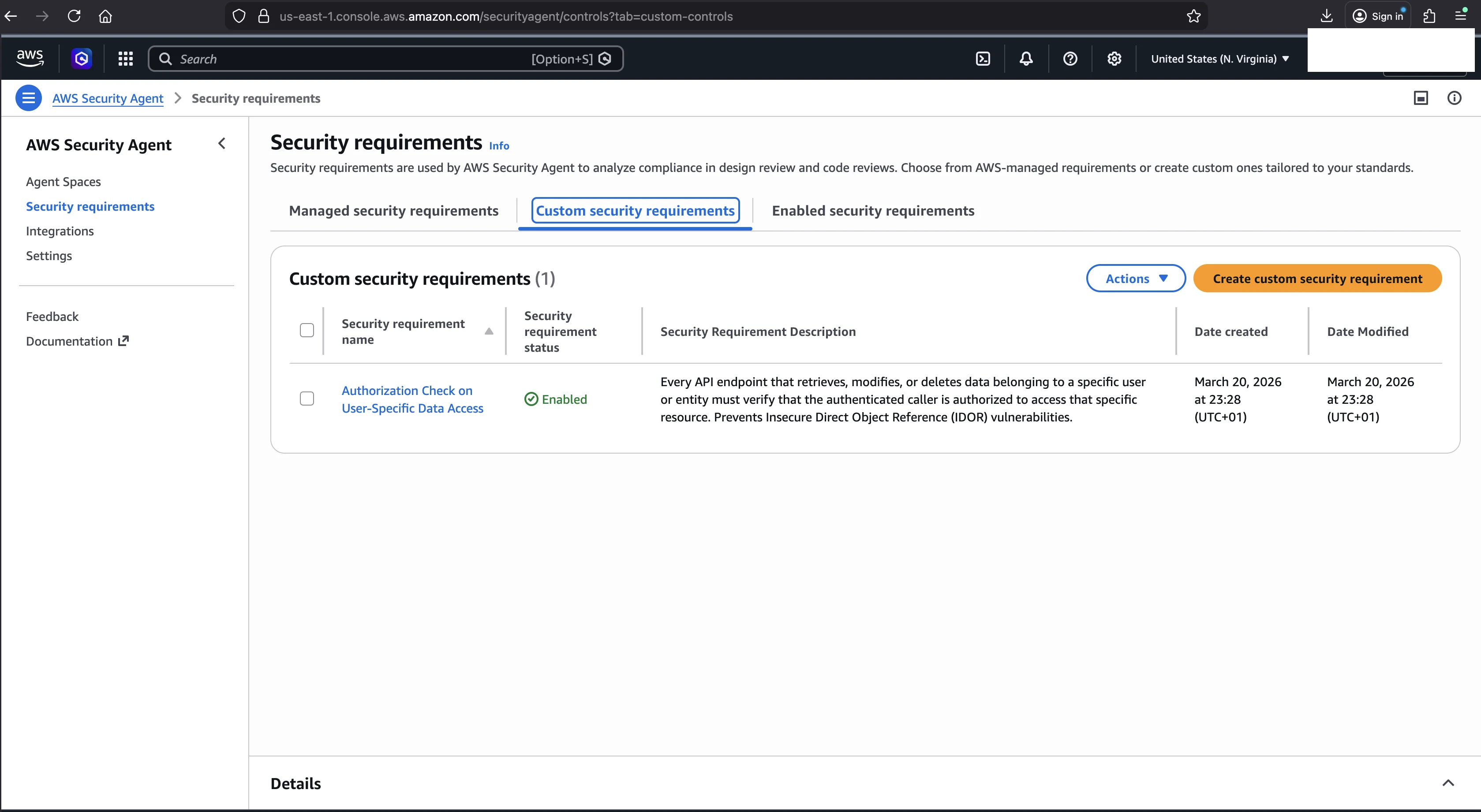 Custom security requirements tab showing the IDOR requirement created and enabled