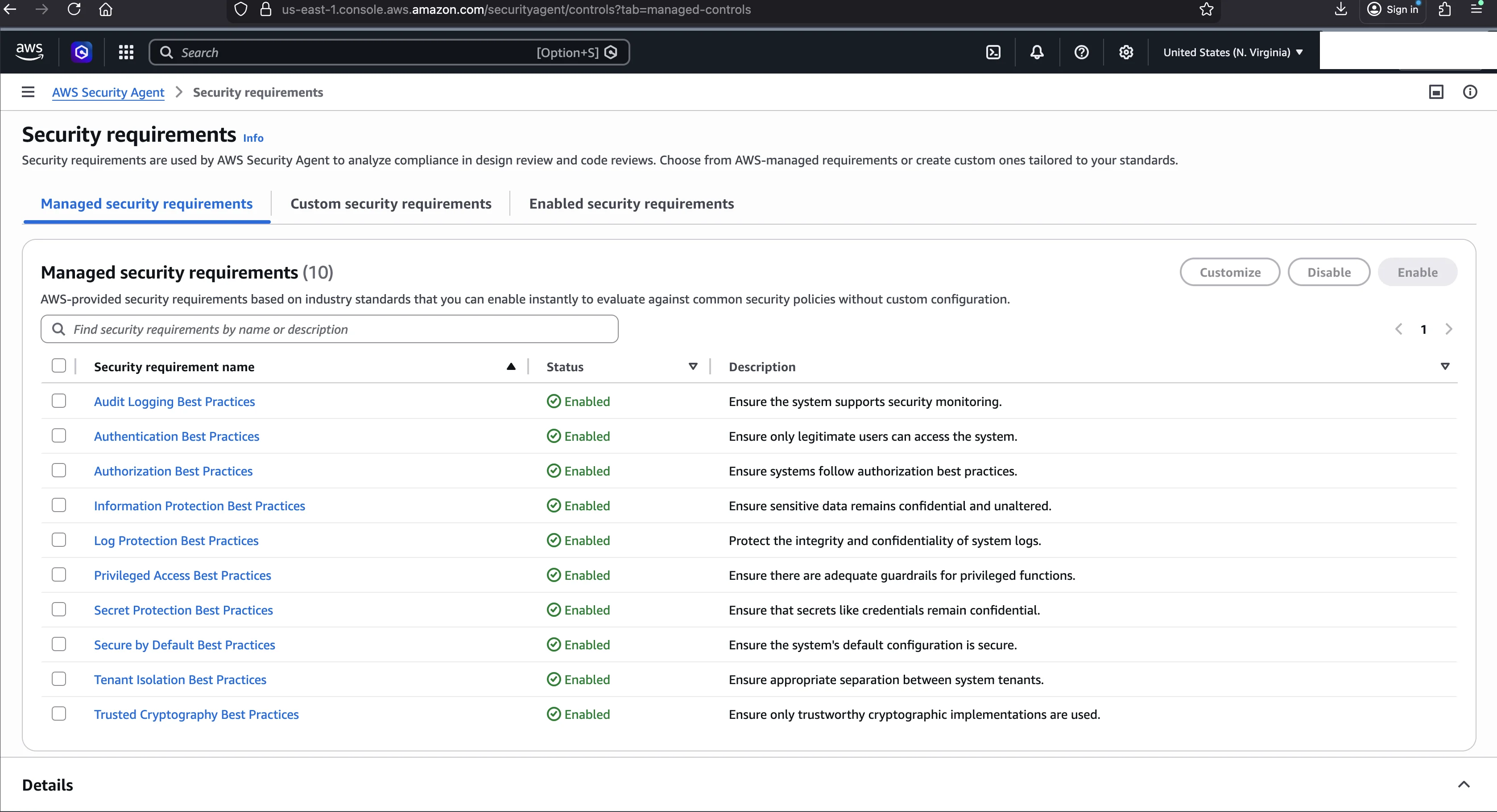 Security requirements page in the AWS Console showing the managed tab with all 10 AWS-provided requirements enabled