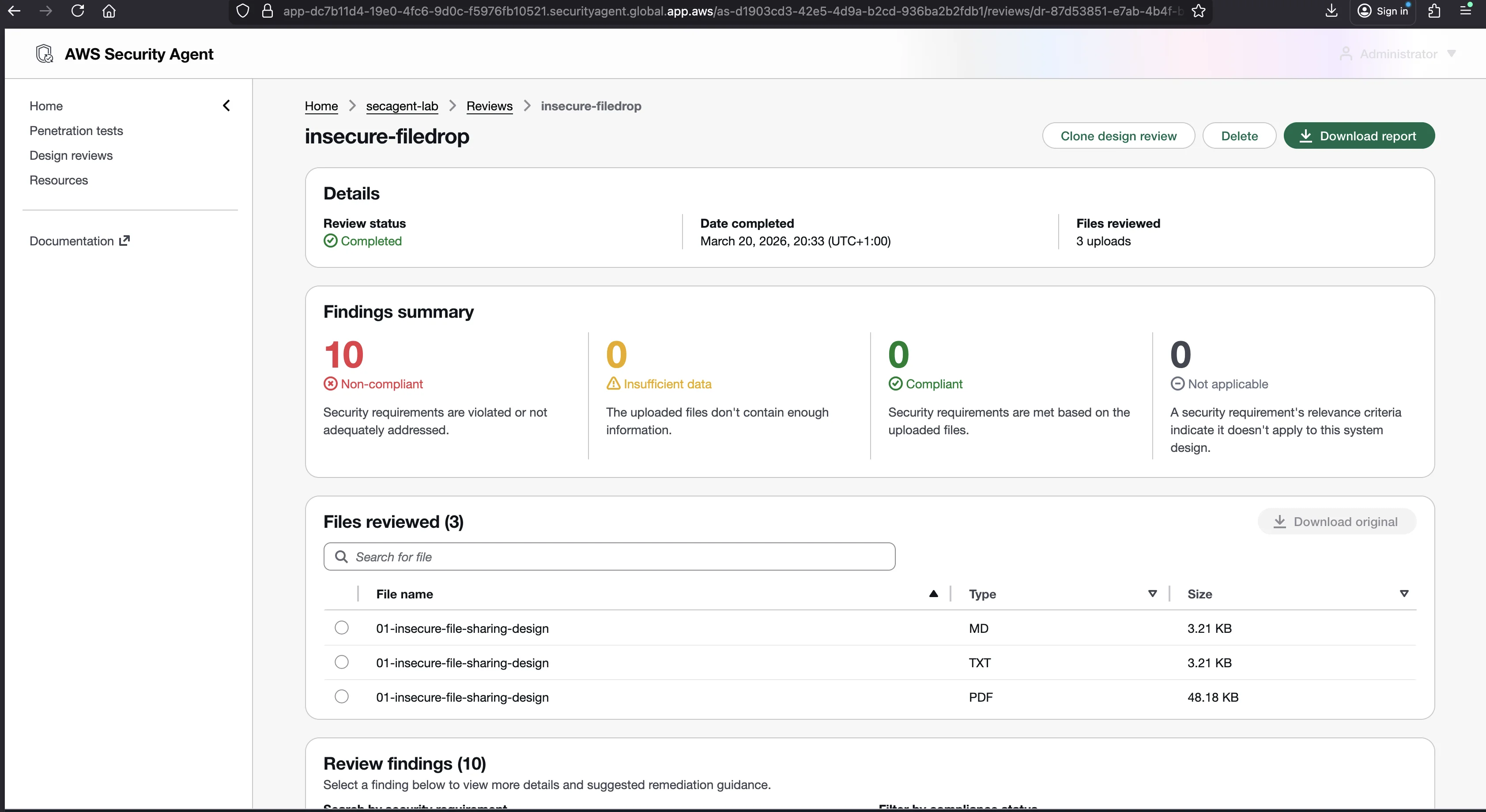 Completed design review summary showing 10 Non-compliant, 0 Insufficient data, 0 Compliant, 0 Not applicable