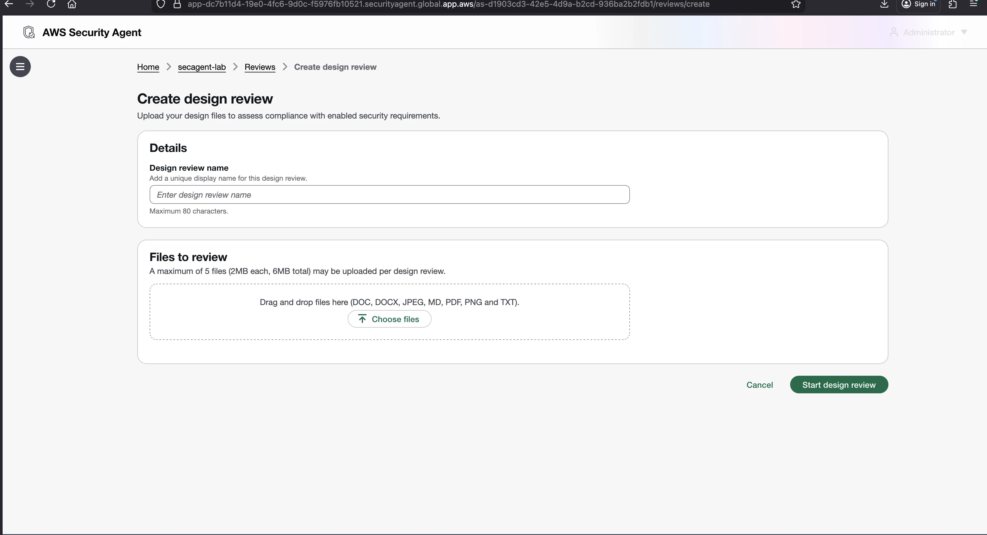 Create design review form with a name field capped at 80 characters and a drag-and-drop file upload zone