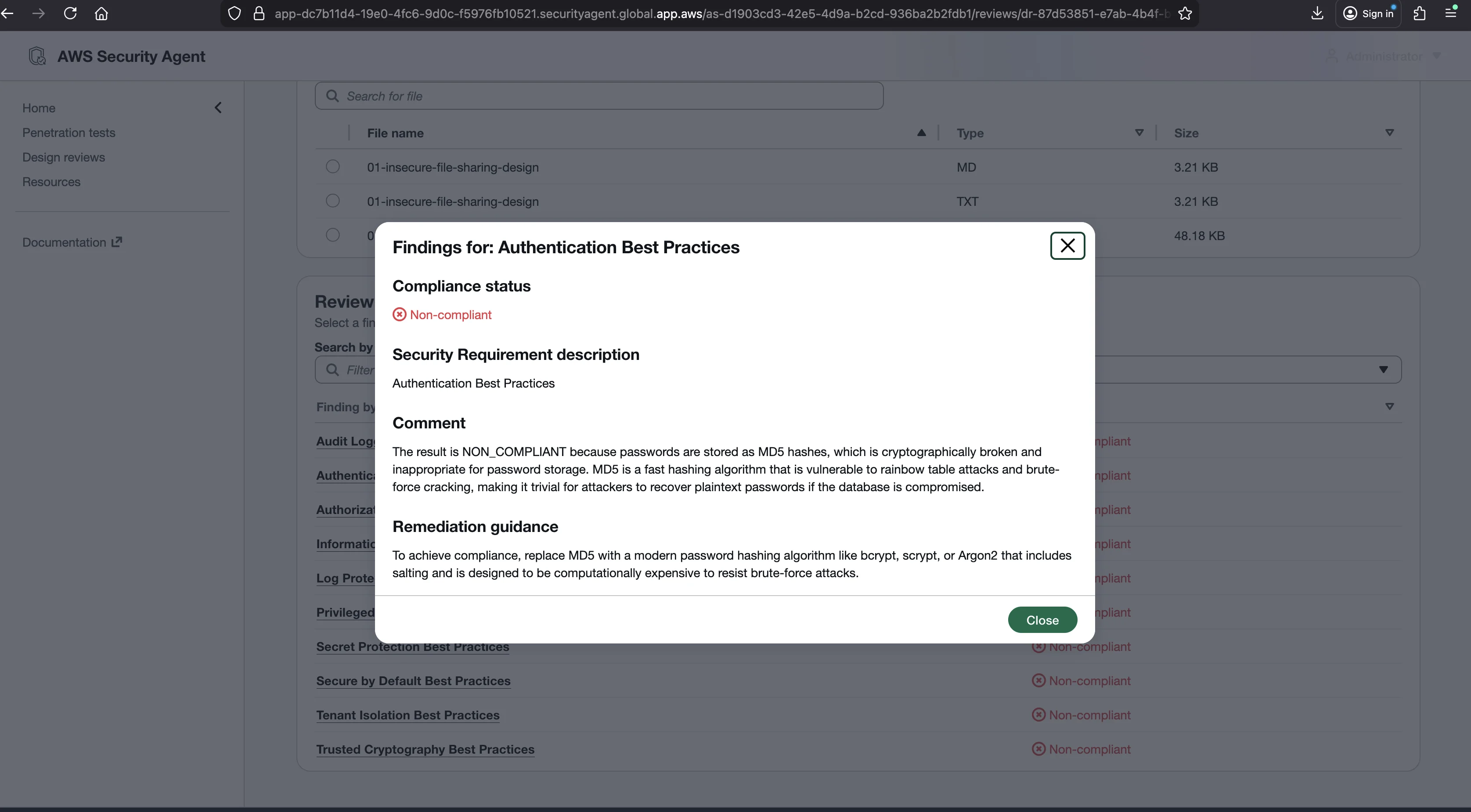 Finding detail modal for Authentication Best Practices marked Non-compliant, showing MD5 analysis and a bcrypt remediation