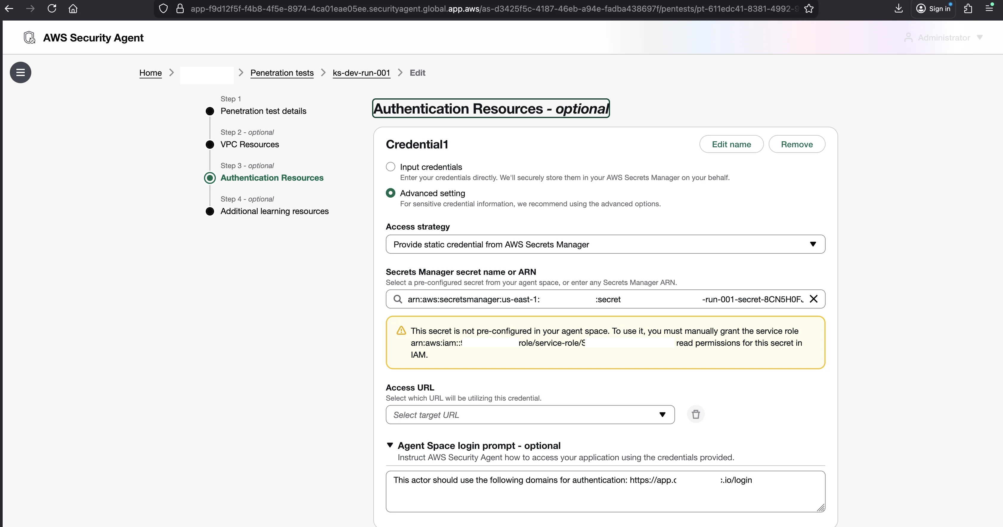 Advanced credential setting showing Secrets Manager ARN field with IAM permission warning