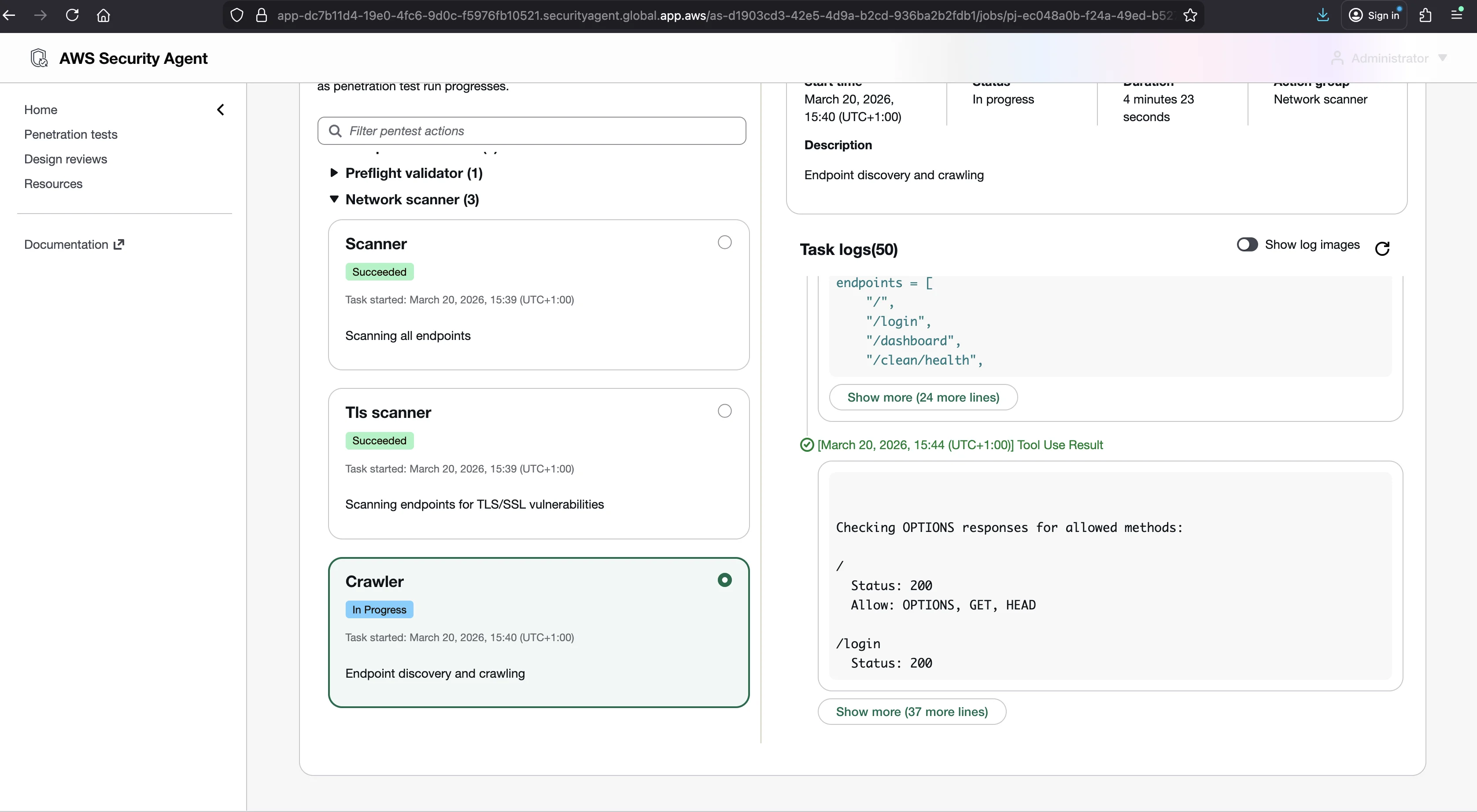 The crawler running in the pentest monitor, writing a Python script to enumerate endpoints