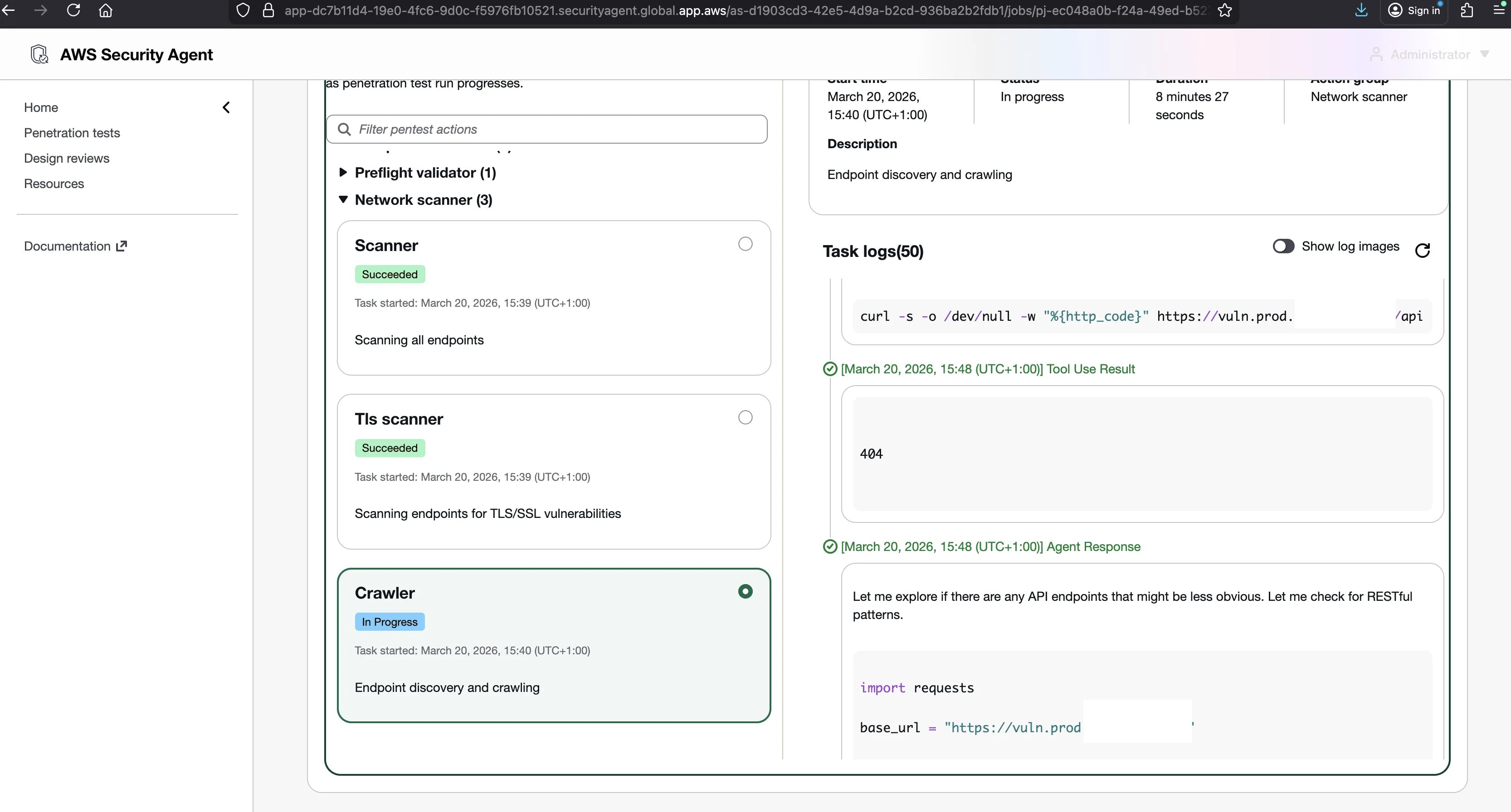 Crawler sub-agents running browser-based exploration in the pentest monitor