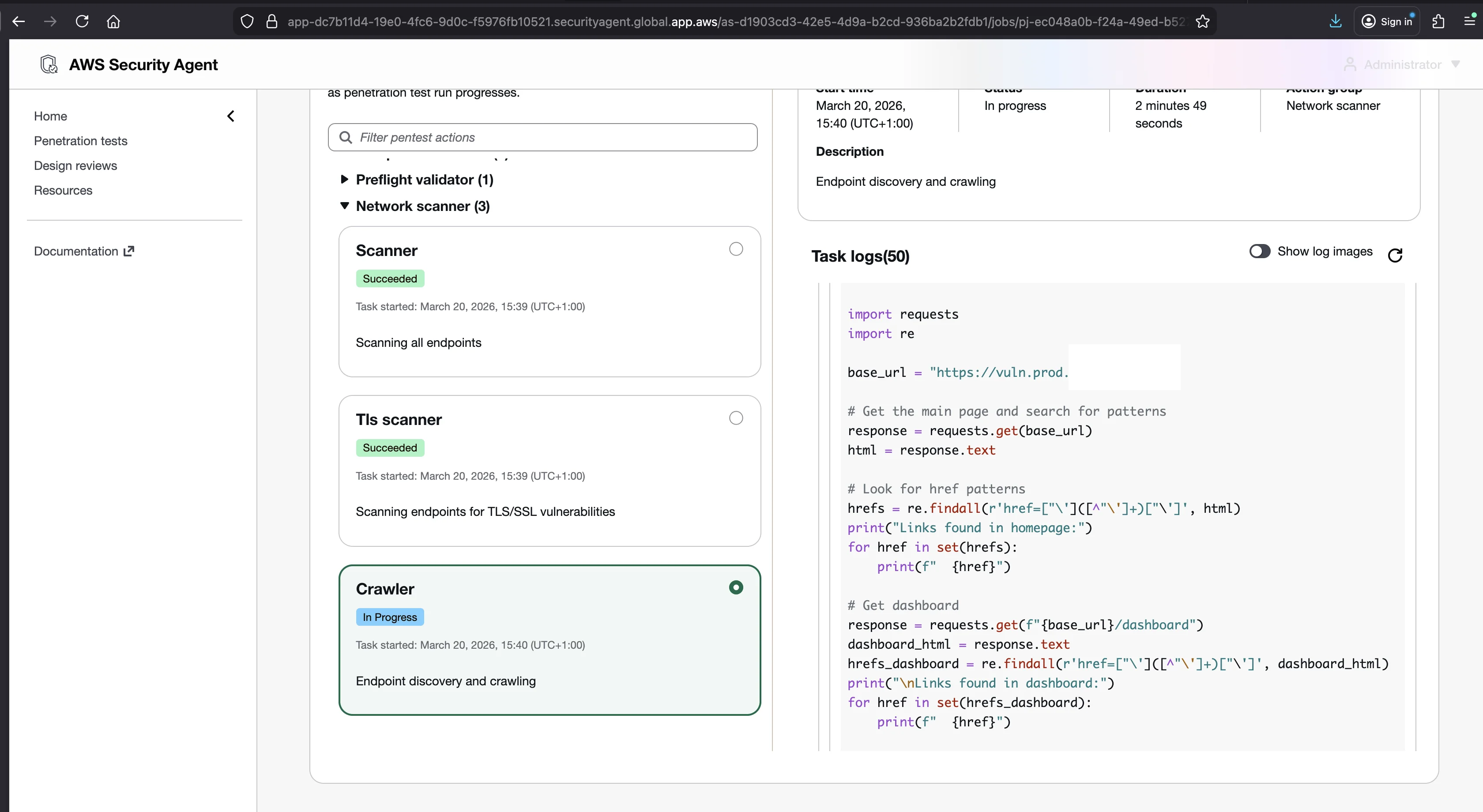 Pentest monitor showing four phases: Preflight, Static analysis, Pentest, and Finalizing