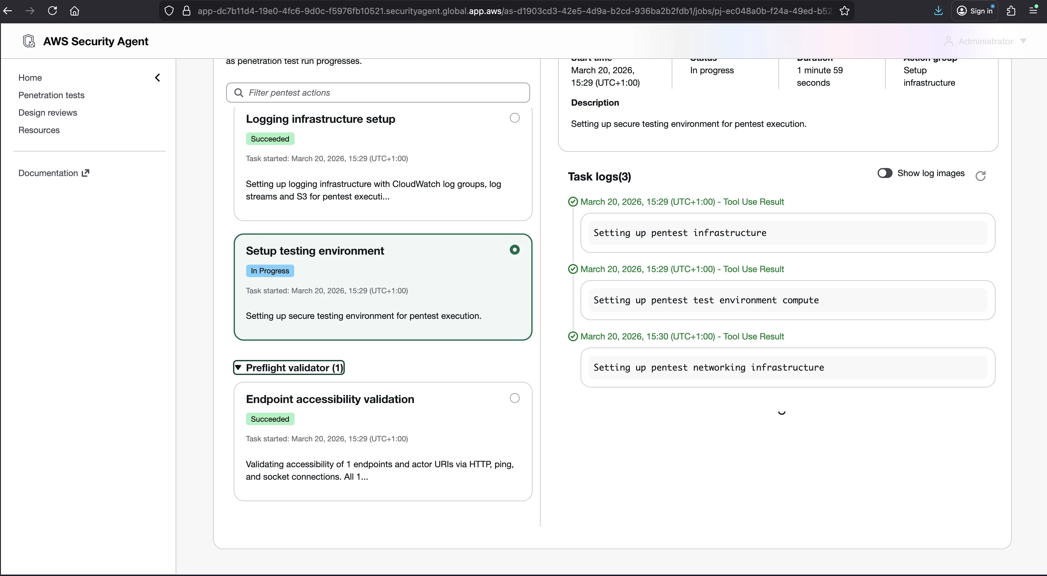 Pentest monitor view with live status updates for each phase and action