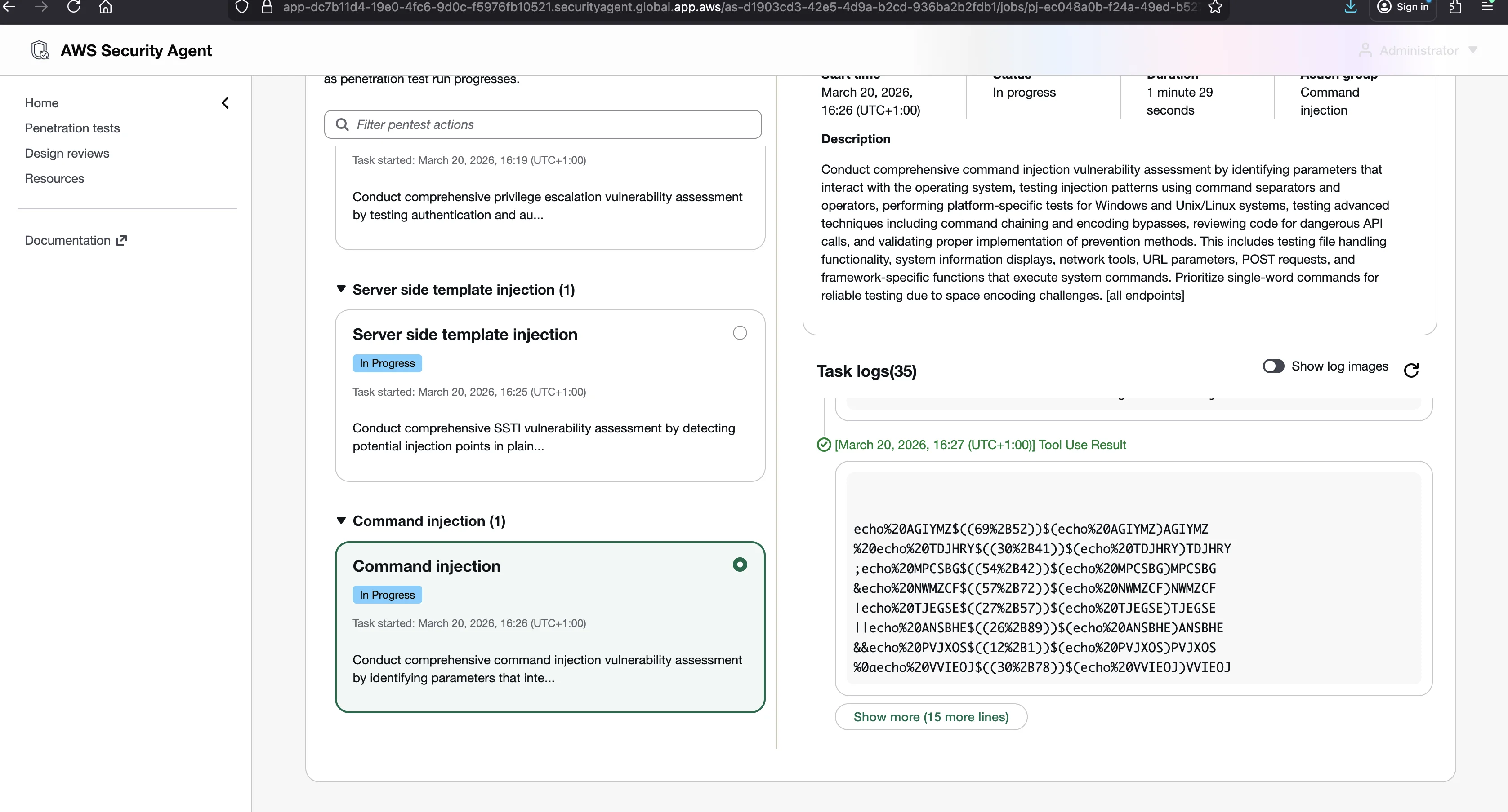 Pentest logs tab in the monitor showing agent actions and task log entries