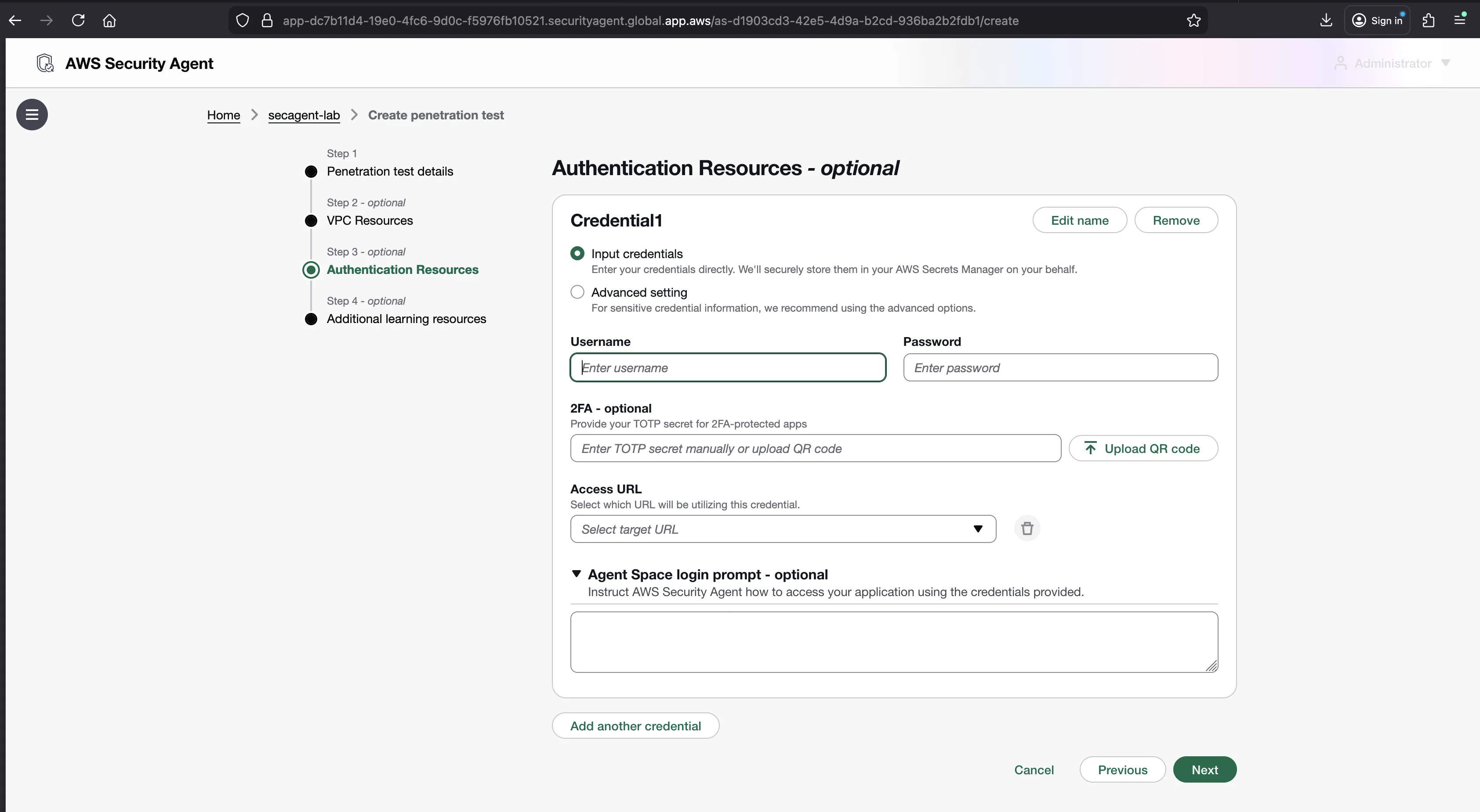 Authentication Resources form with username, password, 2FA, Access URL, and login prompt fields