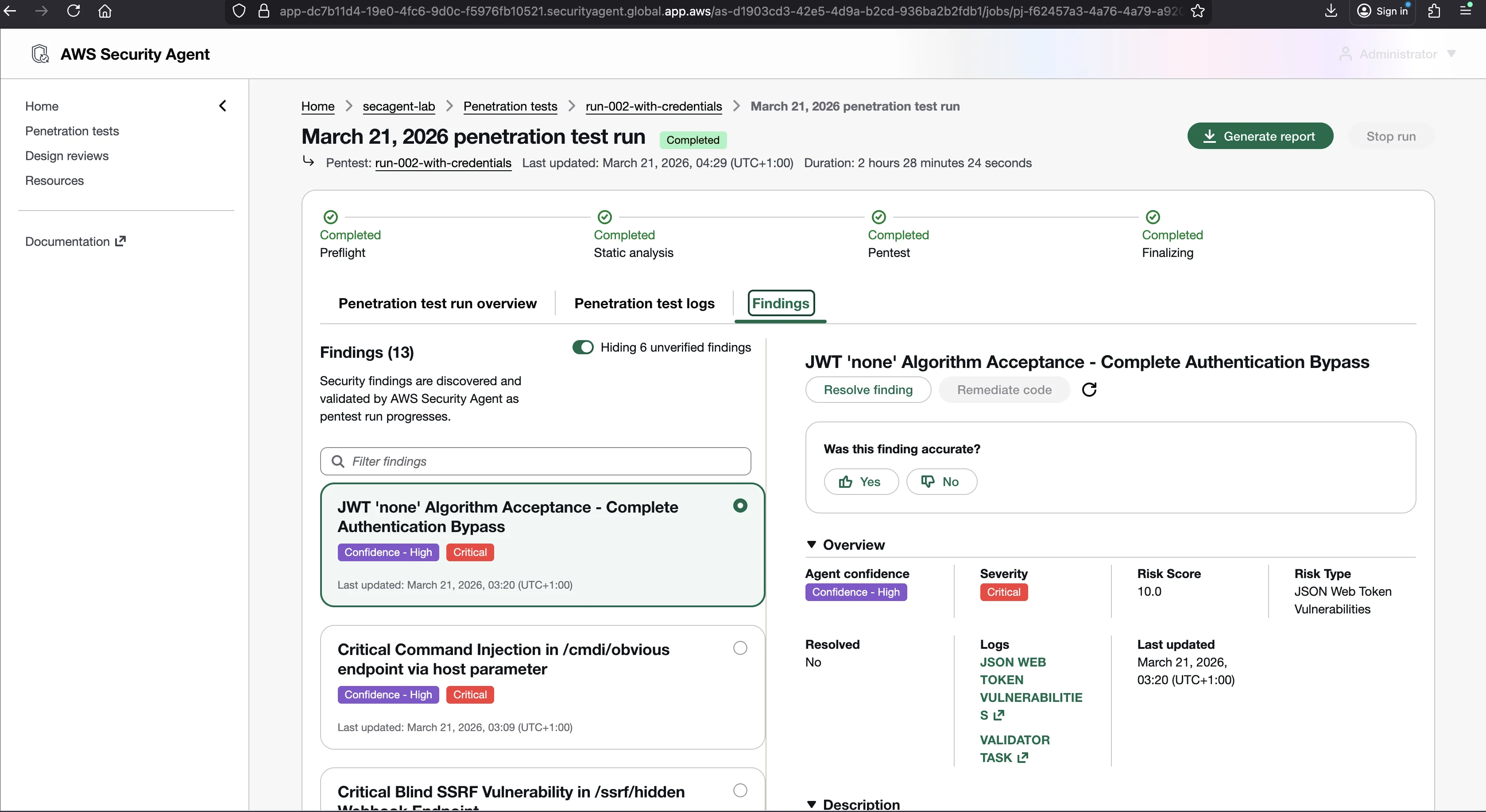 Completed pentest run-002 showing 13 findings with JWT Critical finding detail