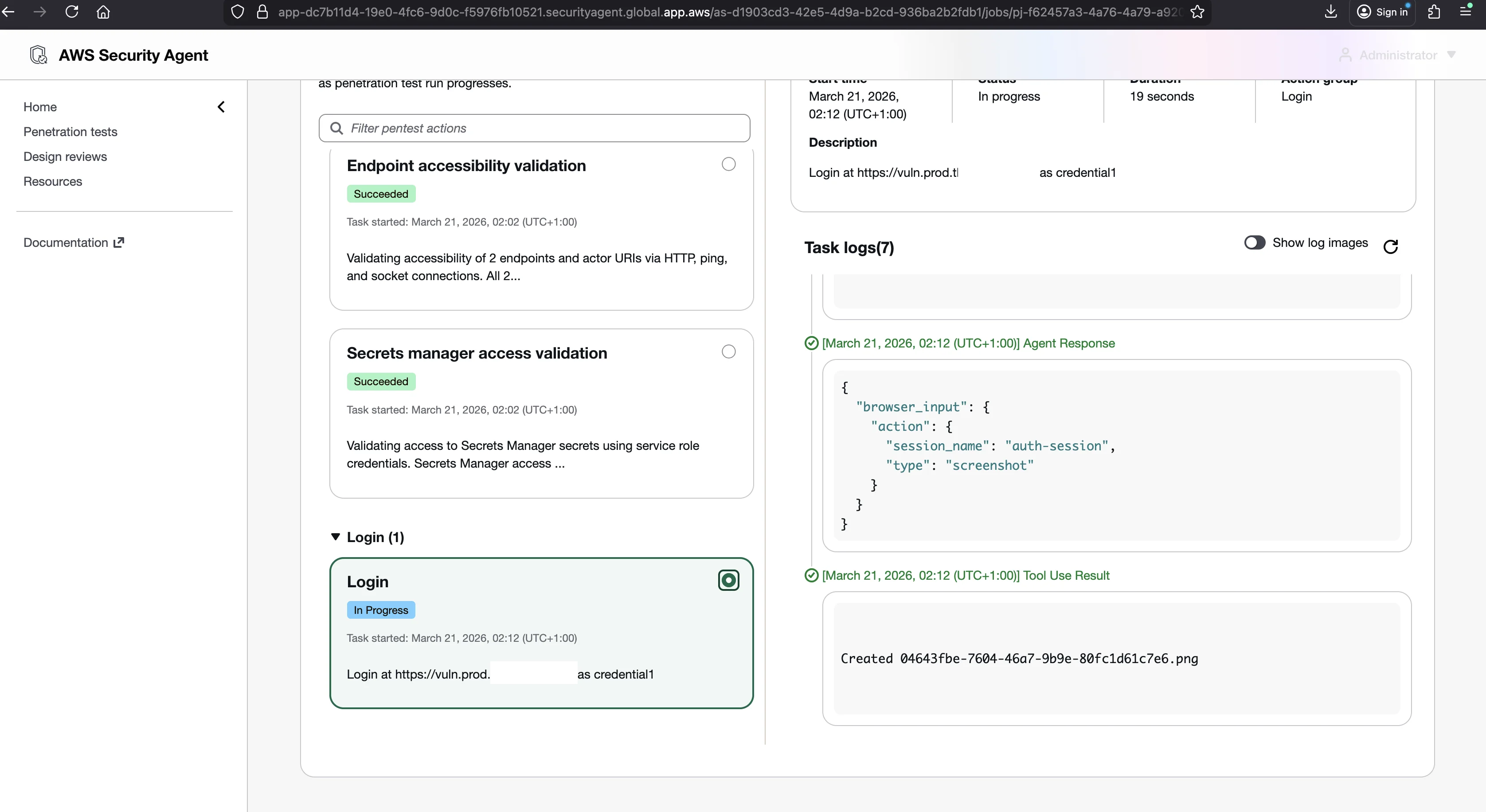 LOGIN agent action showing Succeeded in the pentest monitor