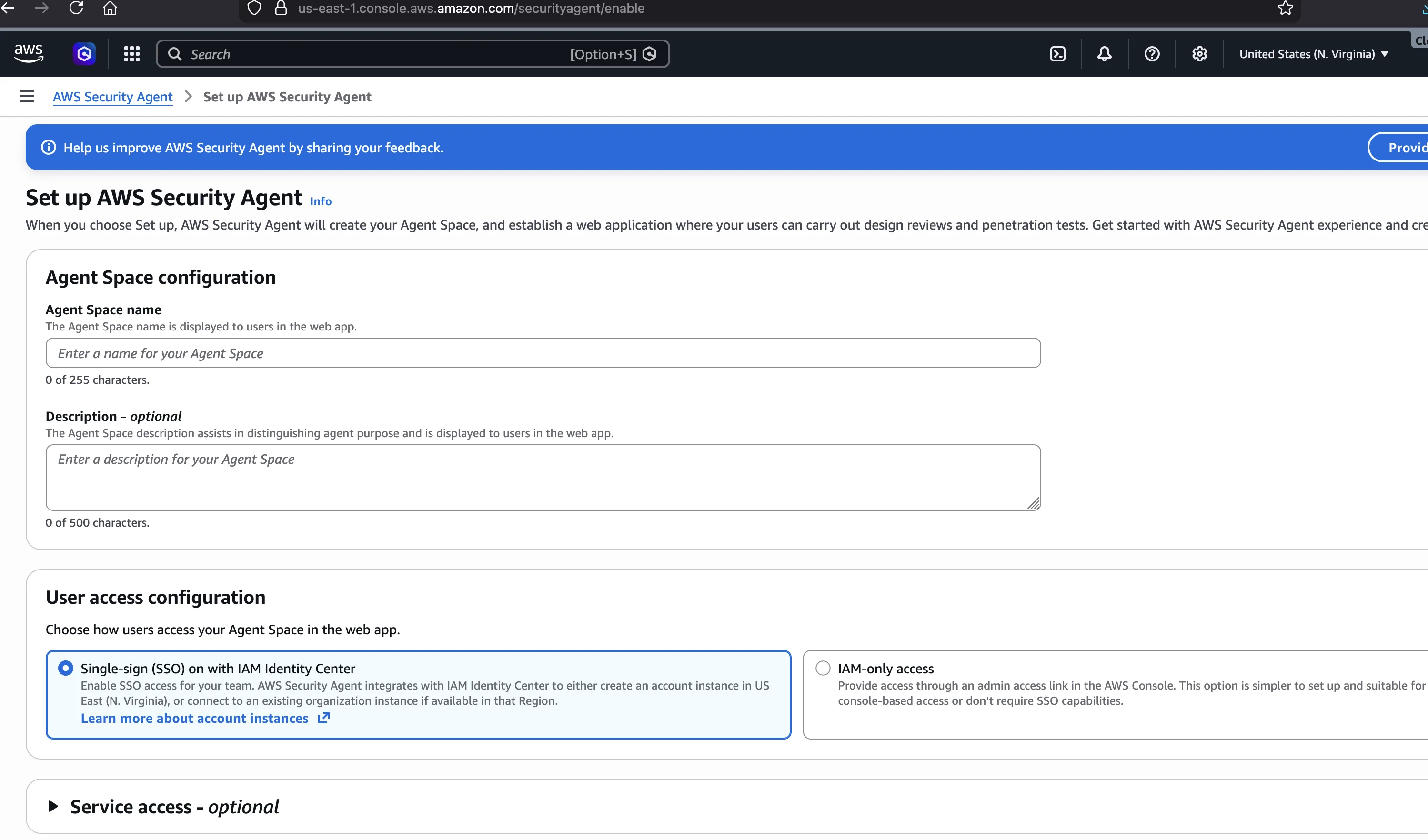 Agent Space creation form showing name, description, and access configuration