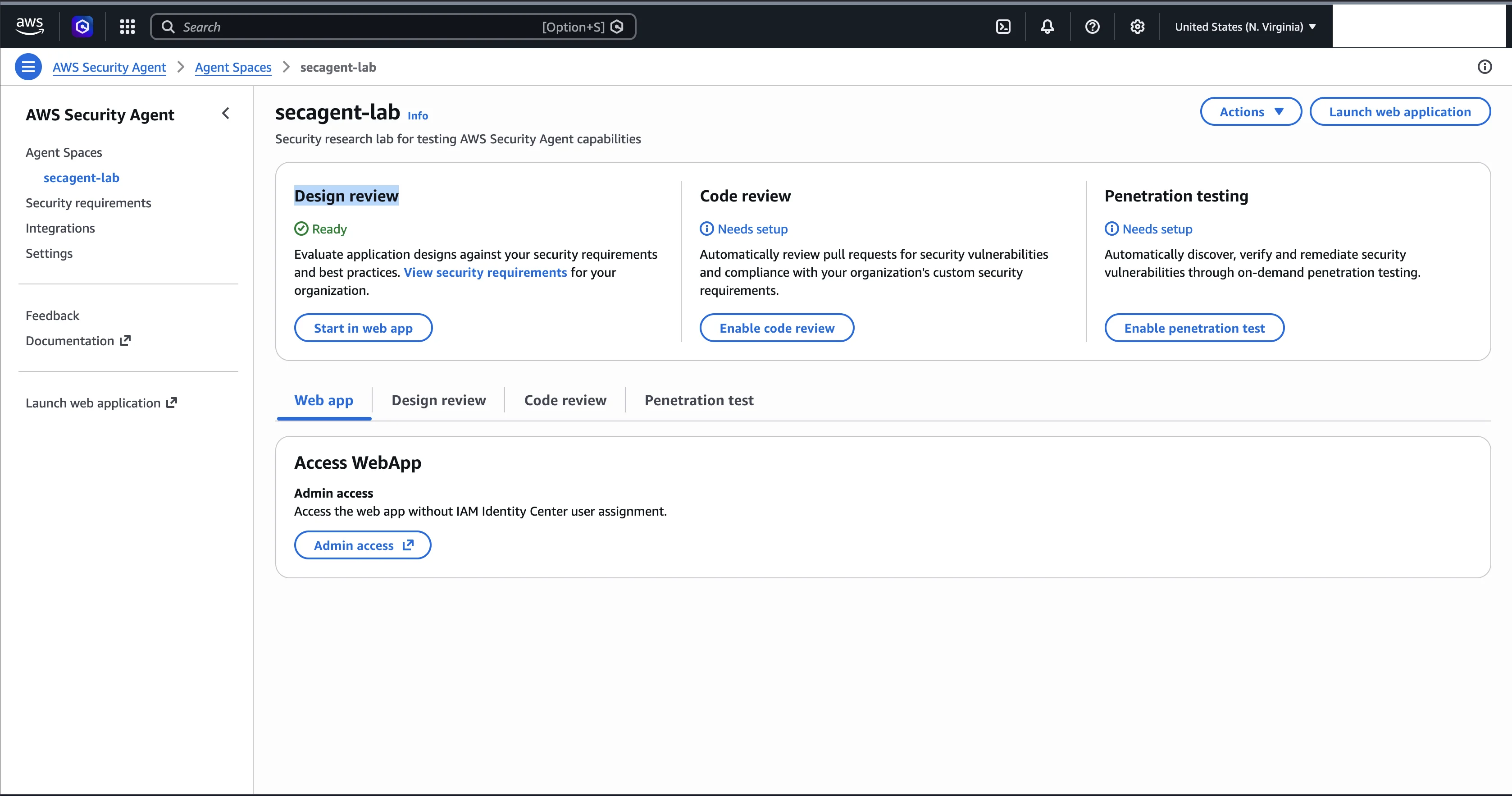 The Agent Space console showing the capabilities: design review, code review, and penetration testing