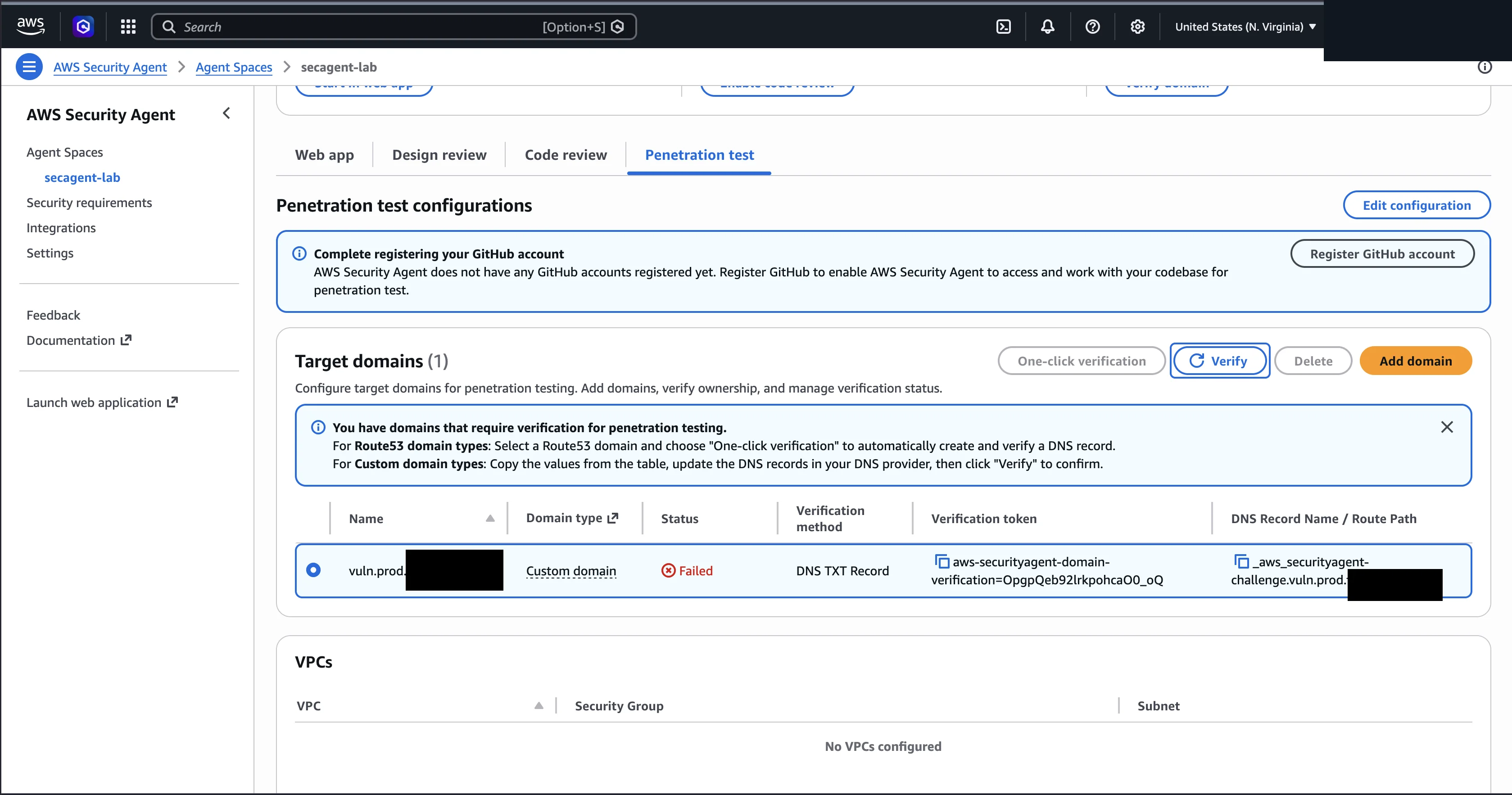 Domain verification failed: vuln.lab.example.com classified as Custom domain, one-click returned Failed
