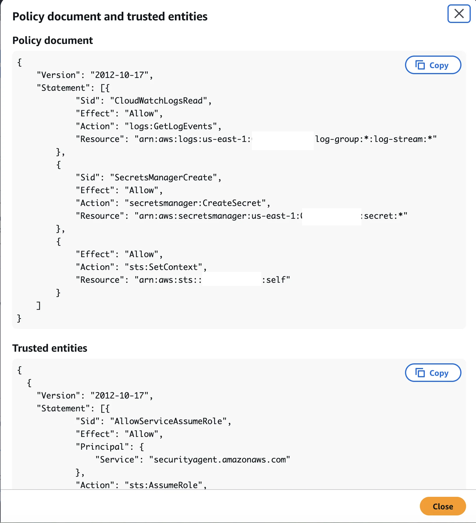 IAM policy and trust policy as shown in the console